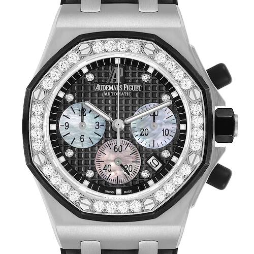 The Audemars Piguet Royal Oak Offshore 26036SK.ZZ.D002CA.01 Women's Stainless Steel Black Dial is shown from a front angle, highlighting the dial, bezel with diamonds, and pushers.