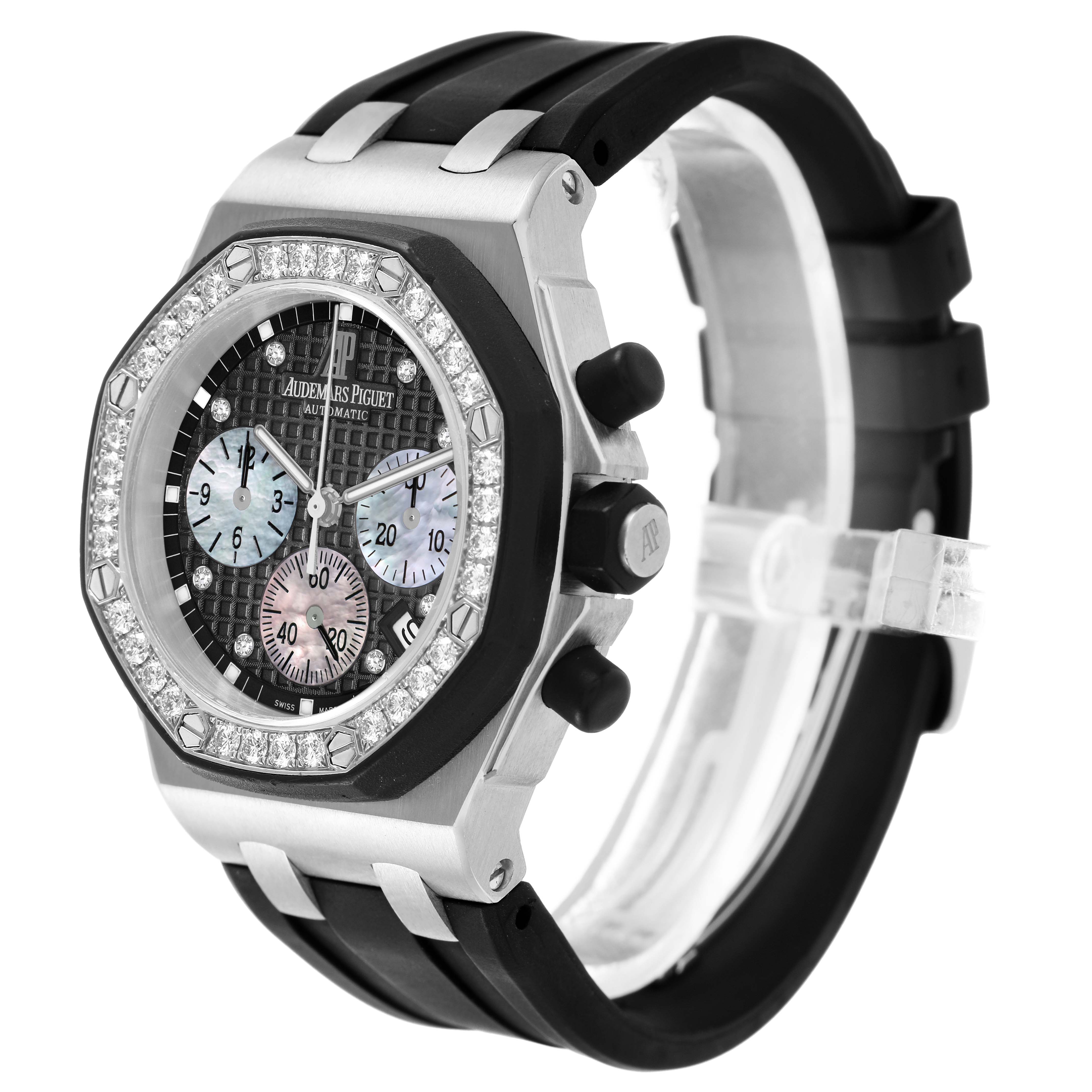 The Audemars Piguet Royal Oak Offshore 26036SK.ZZ.D002CA.01 Women's Stainless Steel Black Dial is shown at a three-quarter angle, highlighting the bezel, dial, and strap.