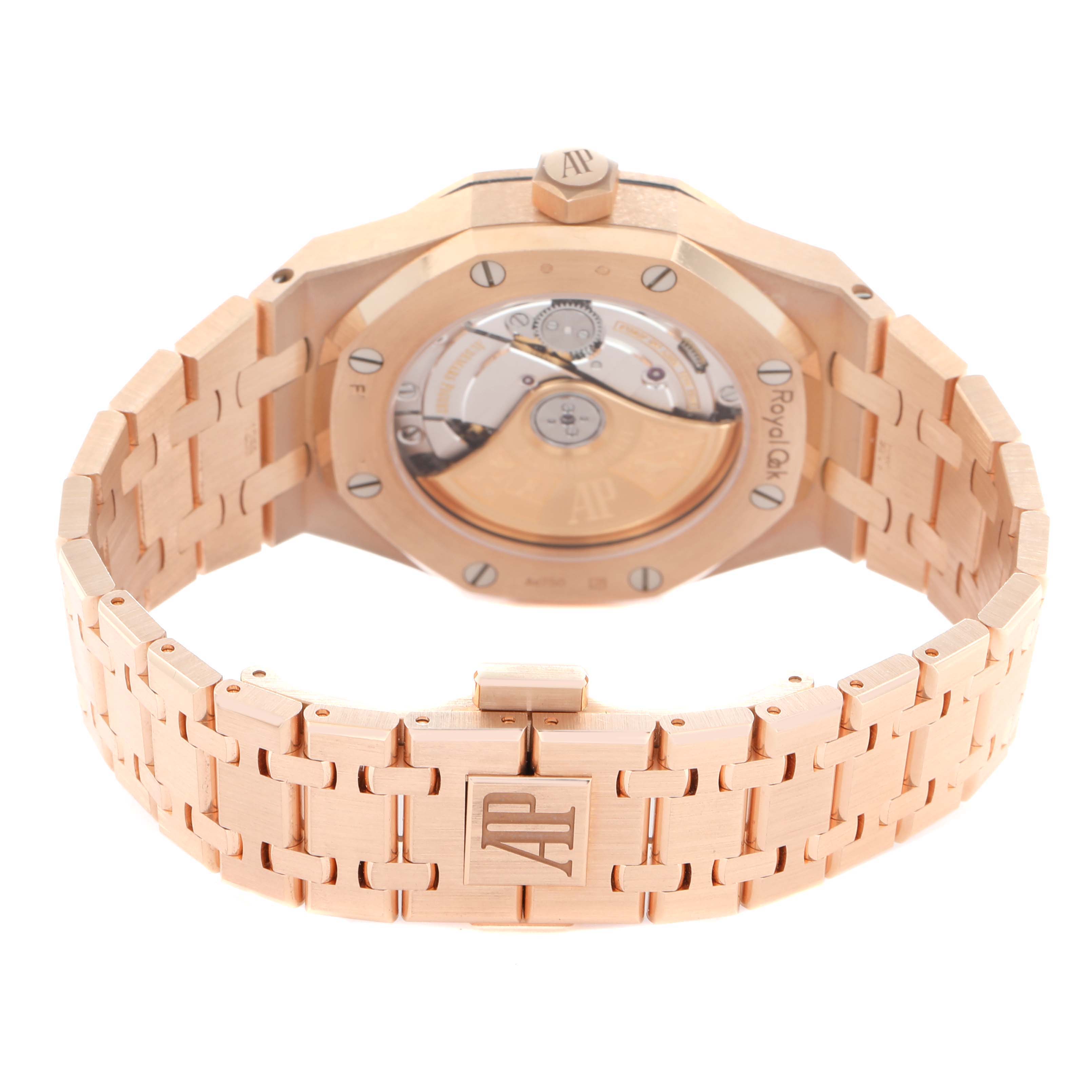 The image shows the back view of the Audemars Piguet Royal Oak model 15451OR, highlighting its rose gold bracelet and transparent case back.