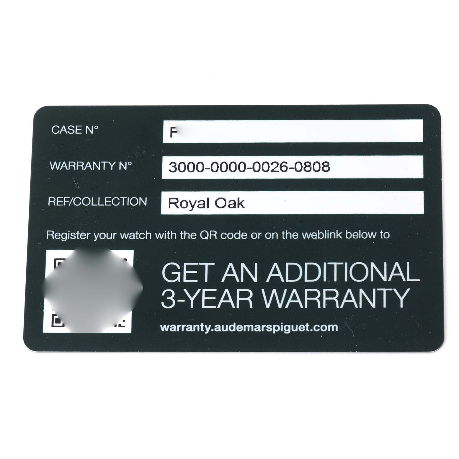 The image shows a warranty card for an Audemars Piguet Royal Oak model, model number 15451OR, featuring a QR code and links for warranty registration.
