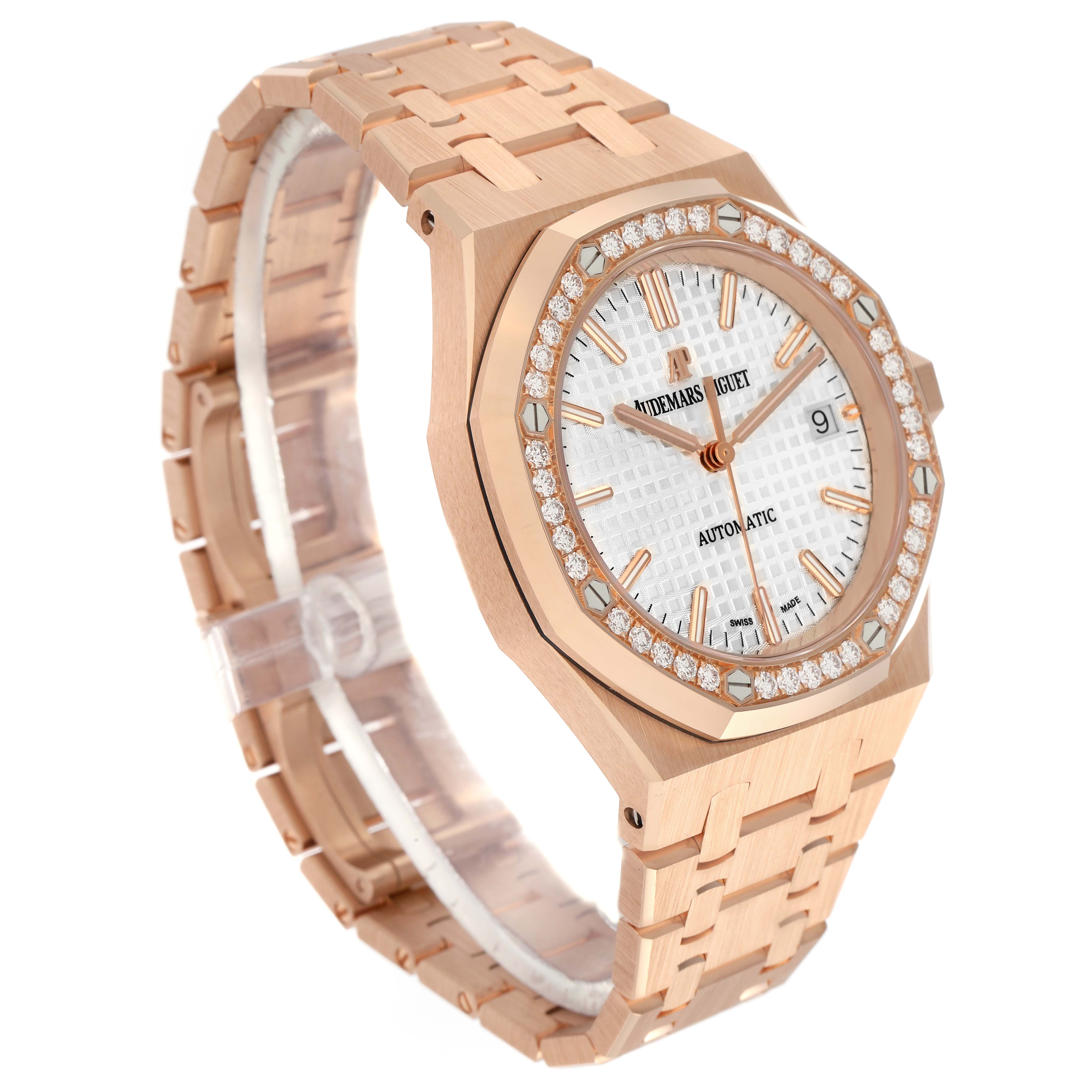 The Audemars Piguet Royal Oak model 15451OR watch is shown at a three-quarter angle highlighting its face, bezel, bracelet, and case.