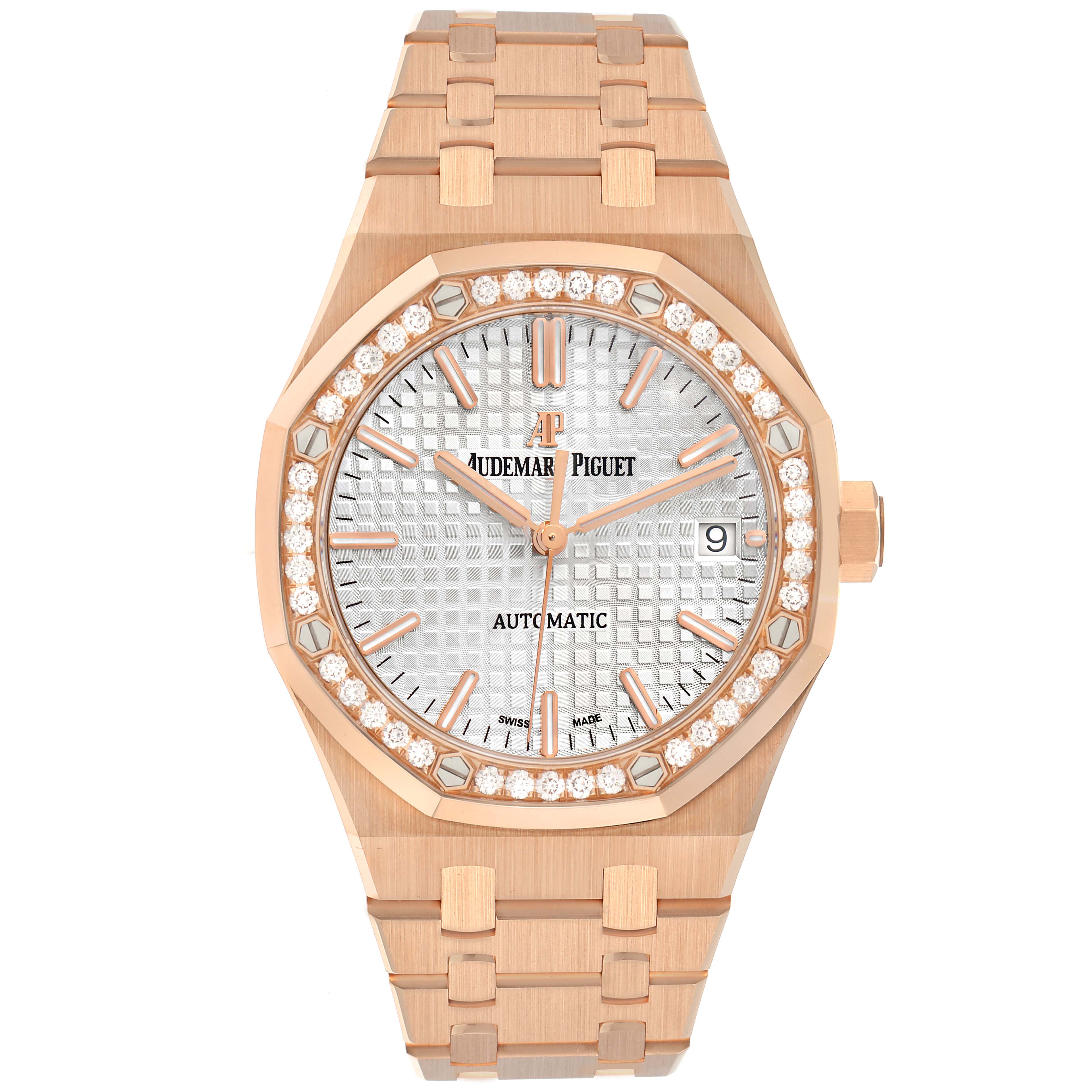 The Audemars Piguet Royal Oak model 15451OR is shown from a front angle, featuring its rose gold case, diamond-set bezel, patterned dial, and integrated bracelet.
