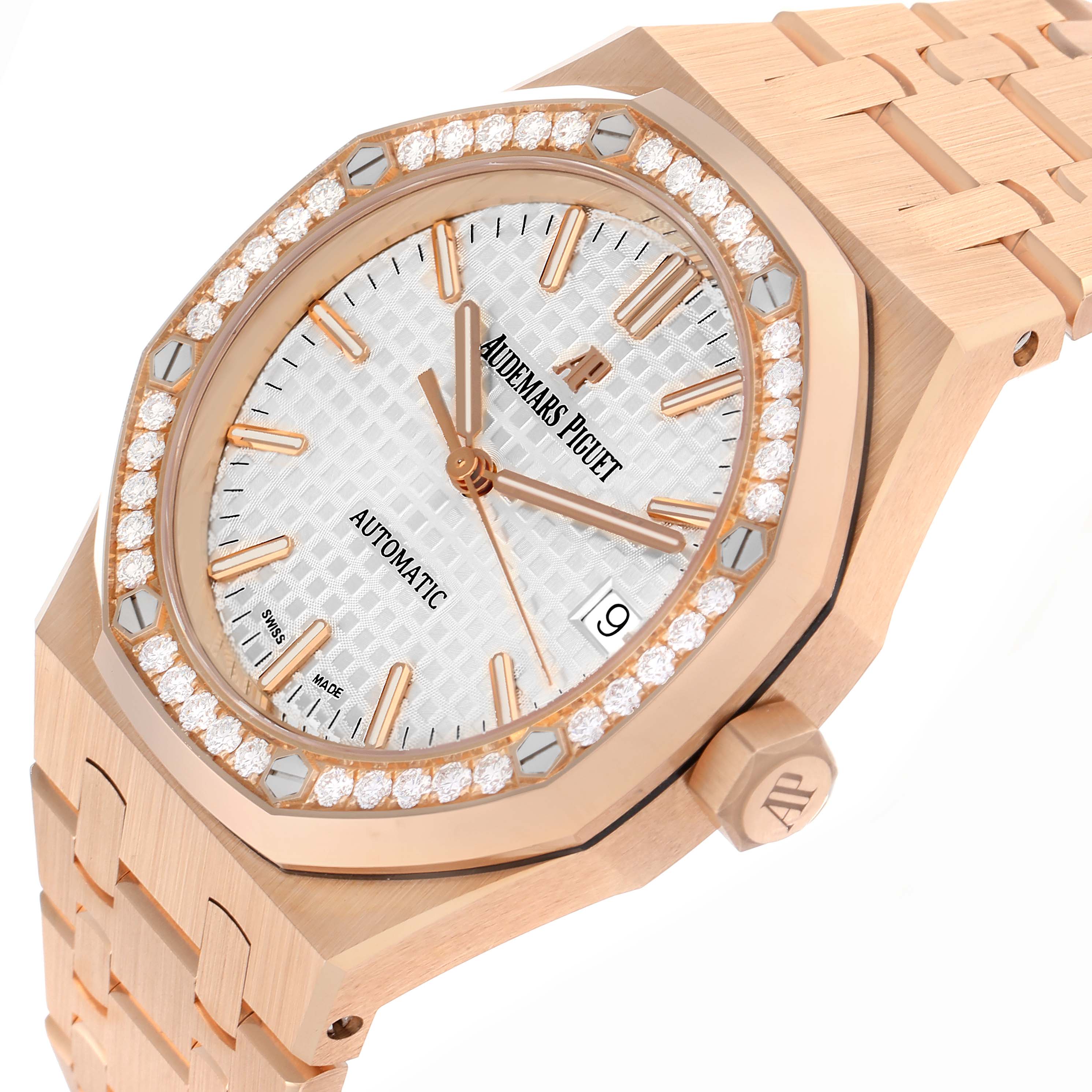 The Audemars Piguet Royal Oak model 15451OR is shown at an angle highlighting the watch face, bezel with diamonds, crown, and part of the bracelet.