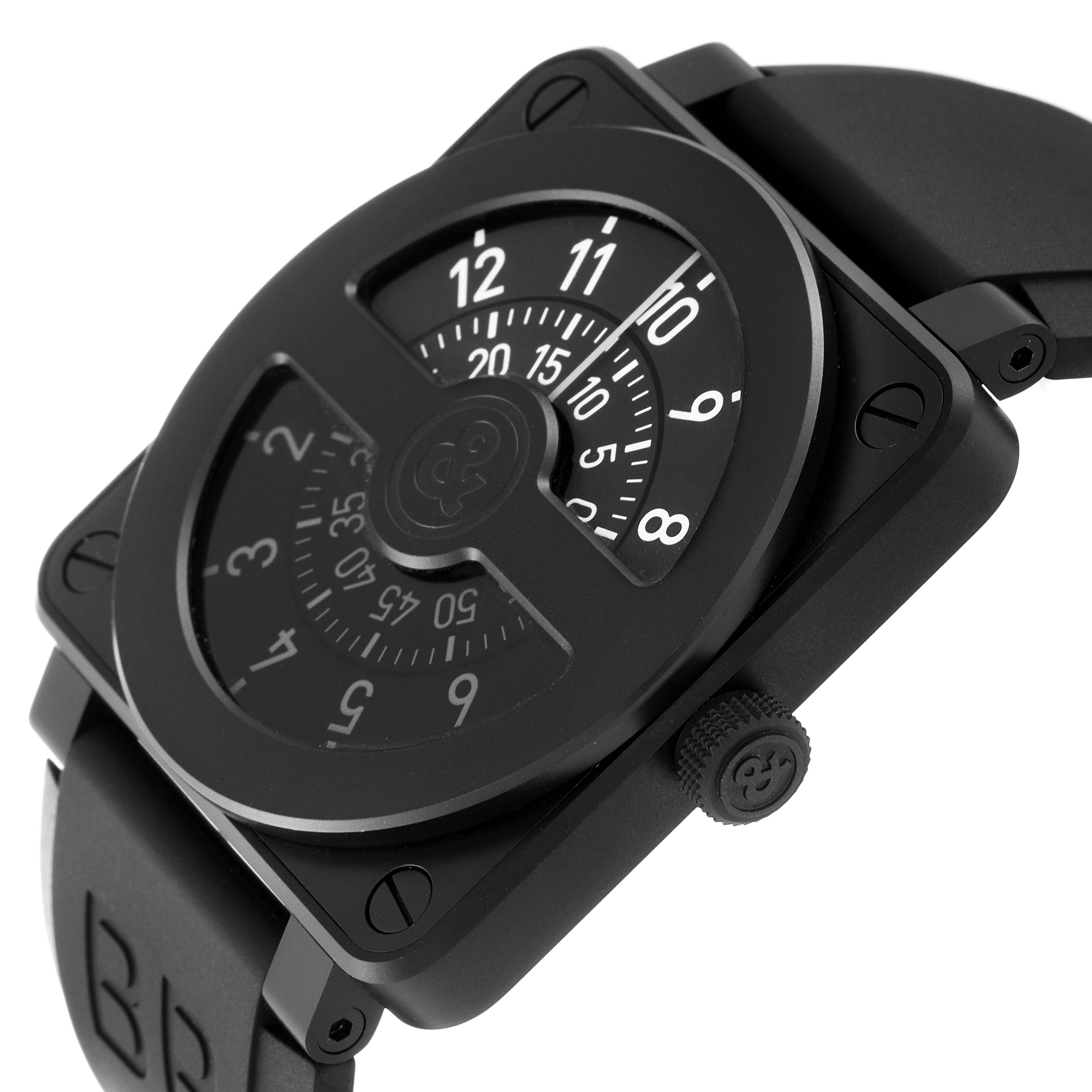The image shows a close-up, angled view of the Bell & Ross Instruments BR01-92-S Men's Stainless Steel Black Dial BR01-92-S Men's Stainless Steel Black Dial model watch, highlighting its dial and strap.