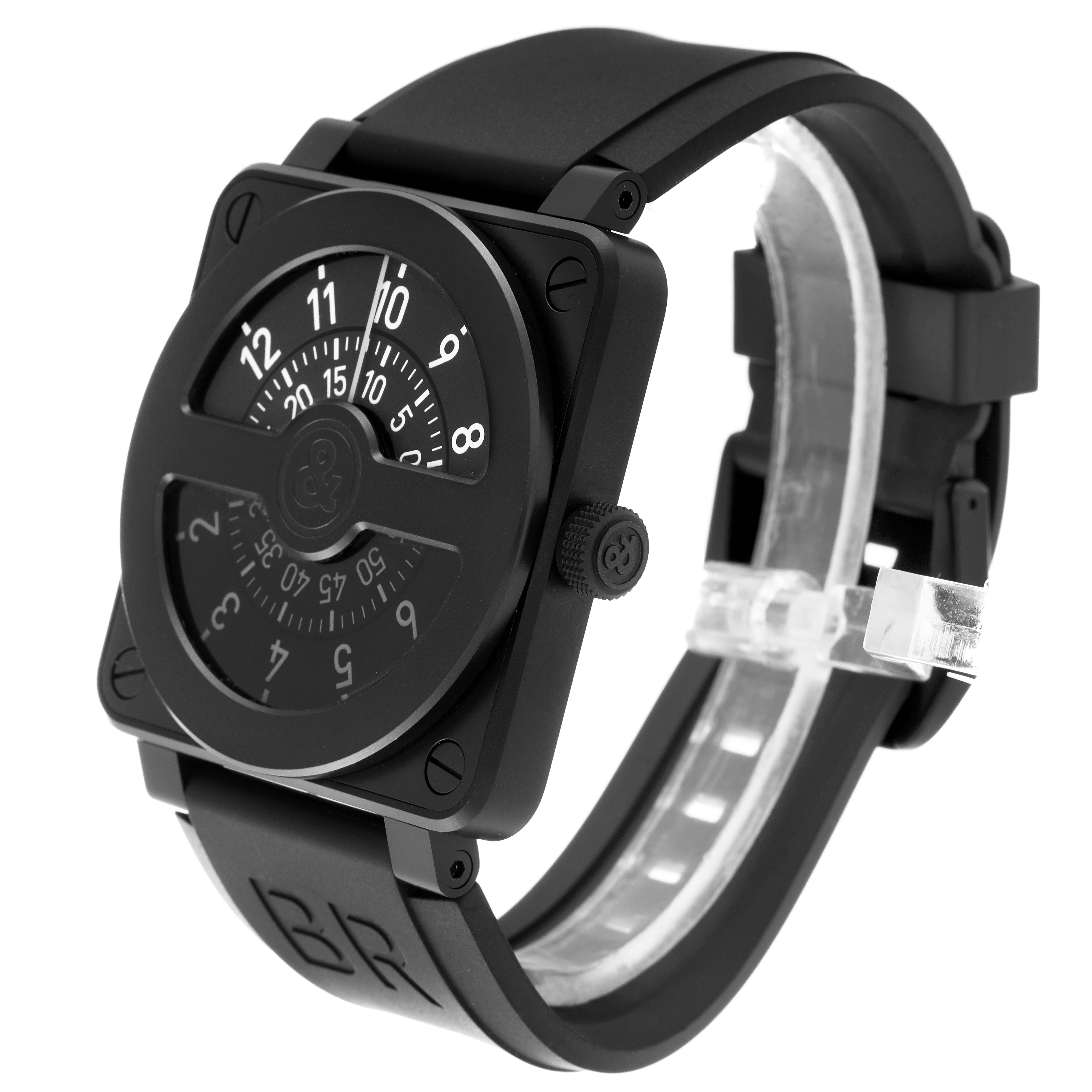 The image shows a side-angle view of the Bell & Ross Instruments BR01-92-S Men's Stainless Steel Black Dial BR01-92-S Men's Stainless Steel Black Dial model watch, highlighting its unique dial and strap.