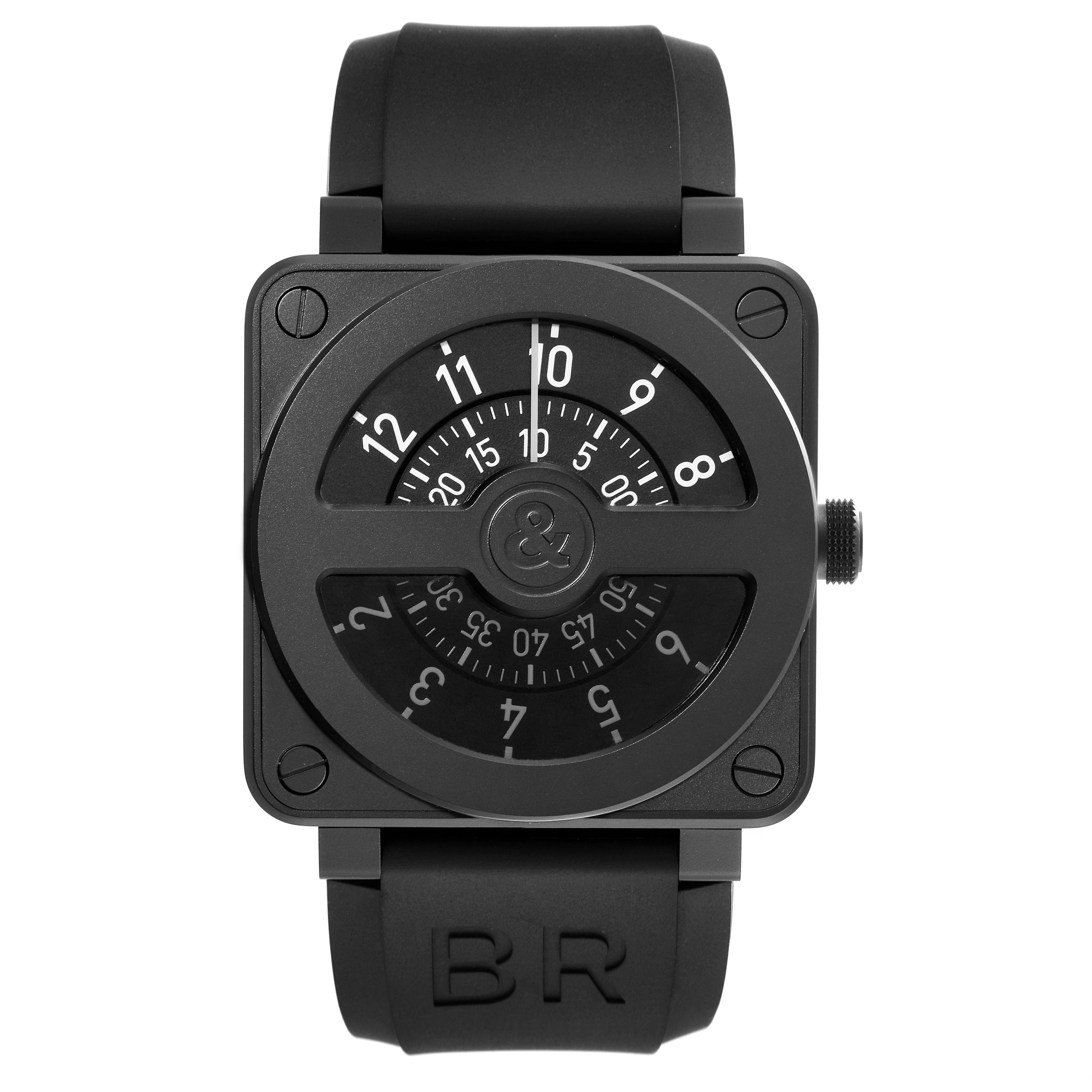 The image shows a front view of the Bell & Ross Instruments BR01-92-S Men's Stainless Steel Black Dial BR01-92-S Men's Stainless Steel Black Dial model watch with a black square case and rubber strap.