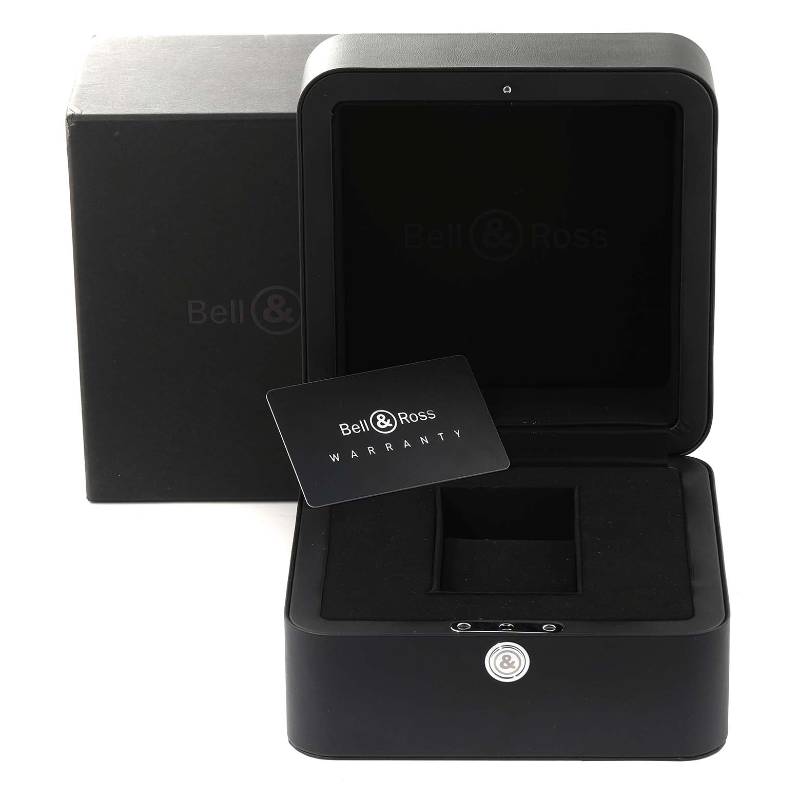 The image shows an open Bell & Ross Instruments BR01-92-S Men's Stainless Steel Black Dial BR01-92-S Men's Stainless Steel Black Dial model watch box and a warranty card.