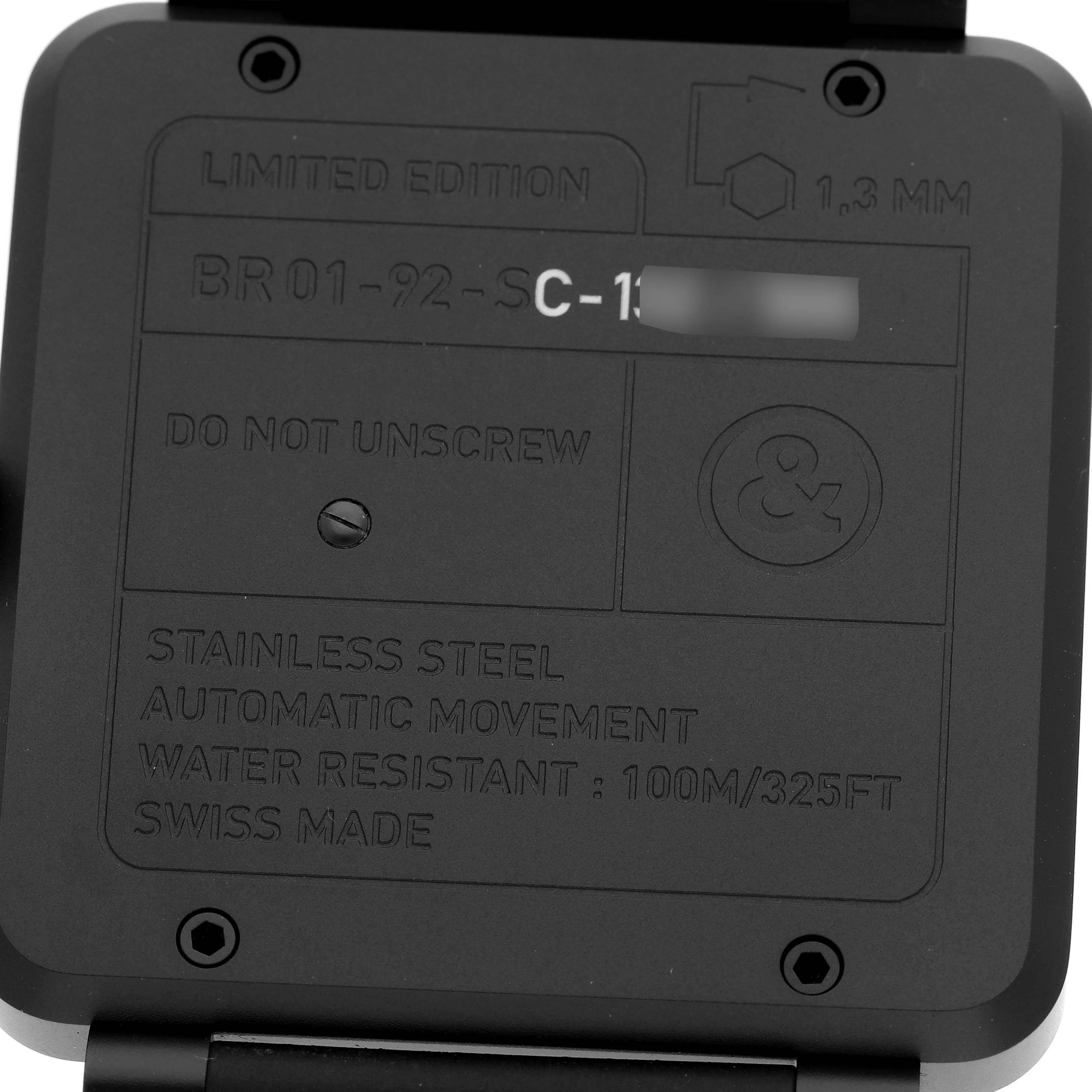 This image shows the back case of a Bell & Ross Instruments BR01-92-S Men's Stainless Steel Black Dial BR01-92-S Men's Stainless Steel Black Dial BR 01-92 watch, highlighting its specifications.