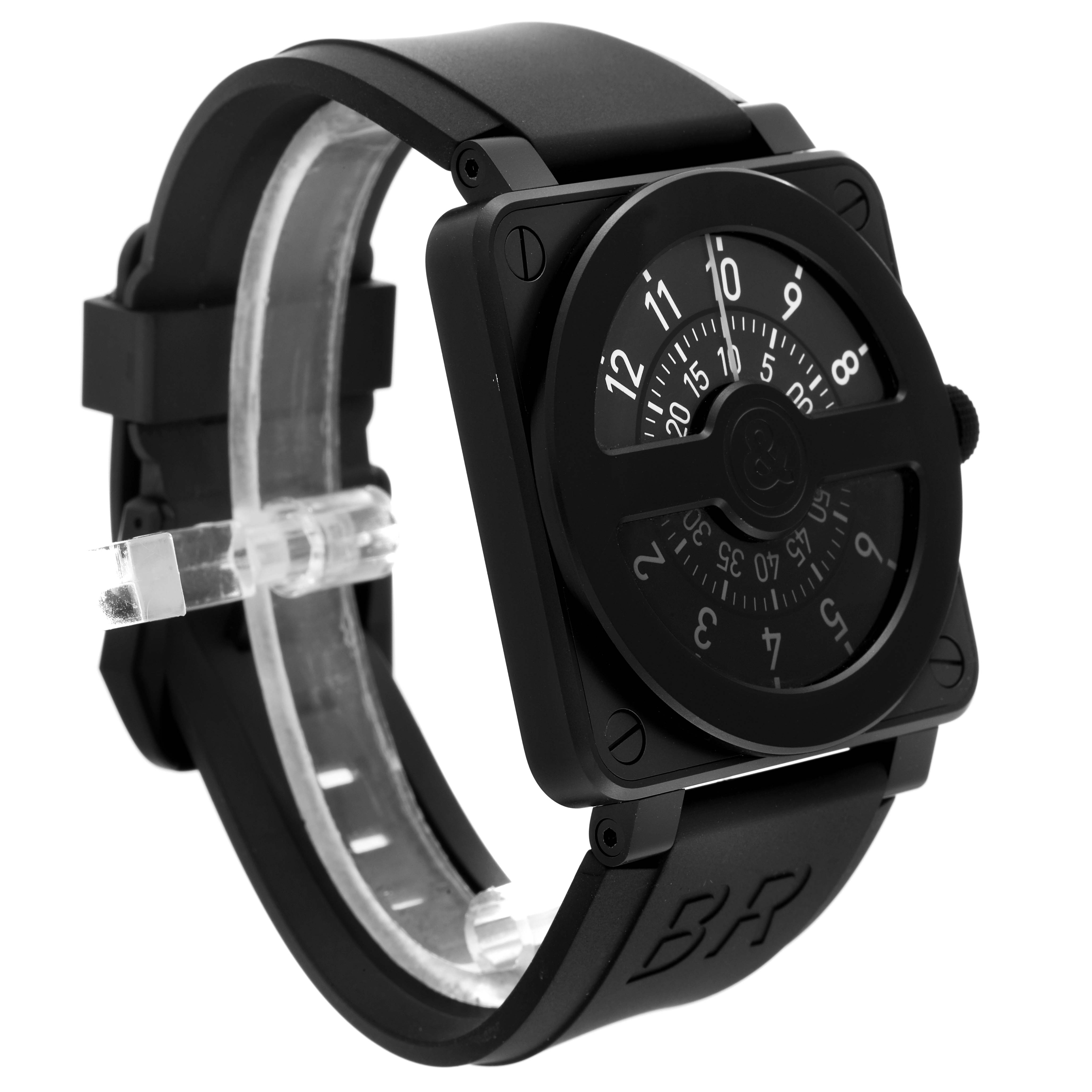 The image shows a side-angle view of the Bell & Ross Instruments BR01-92-S Men's Stainless Steel Black Dial BR01-92-S Men's Stainless Steel Black Dial model watch, highlighting the square case, dial, and strap.