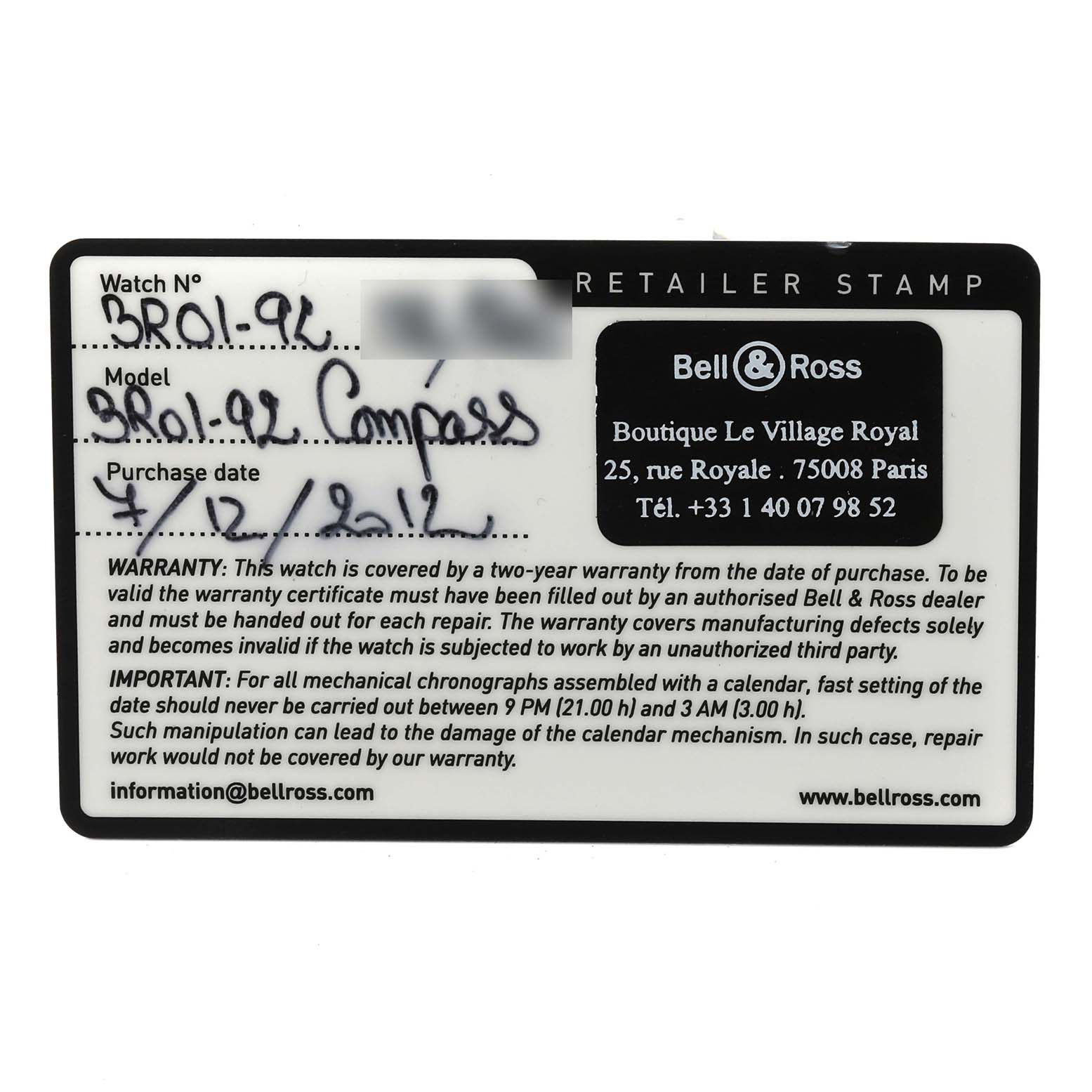 This is a warranty card for the Bell & Ross Instruments BR01-92-S Men's Stainless Steel Black Dial BR01-92-S Men's Stainless Steel Black Dial model BR01-92 Compass watch, showing warranty details and purchase date.