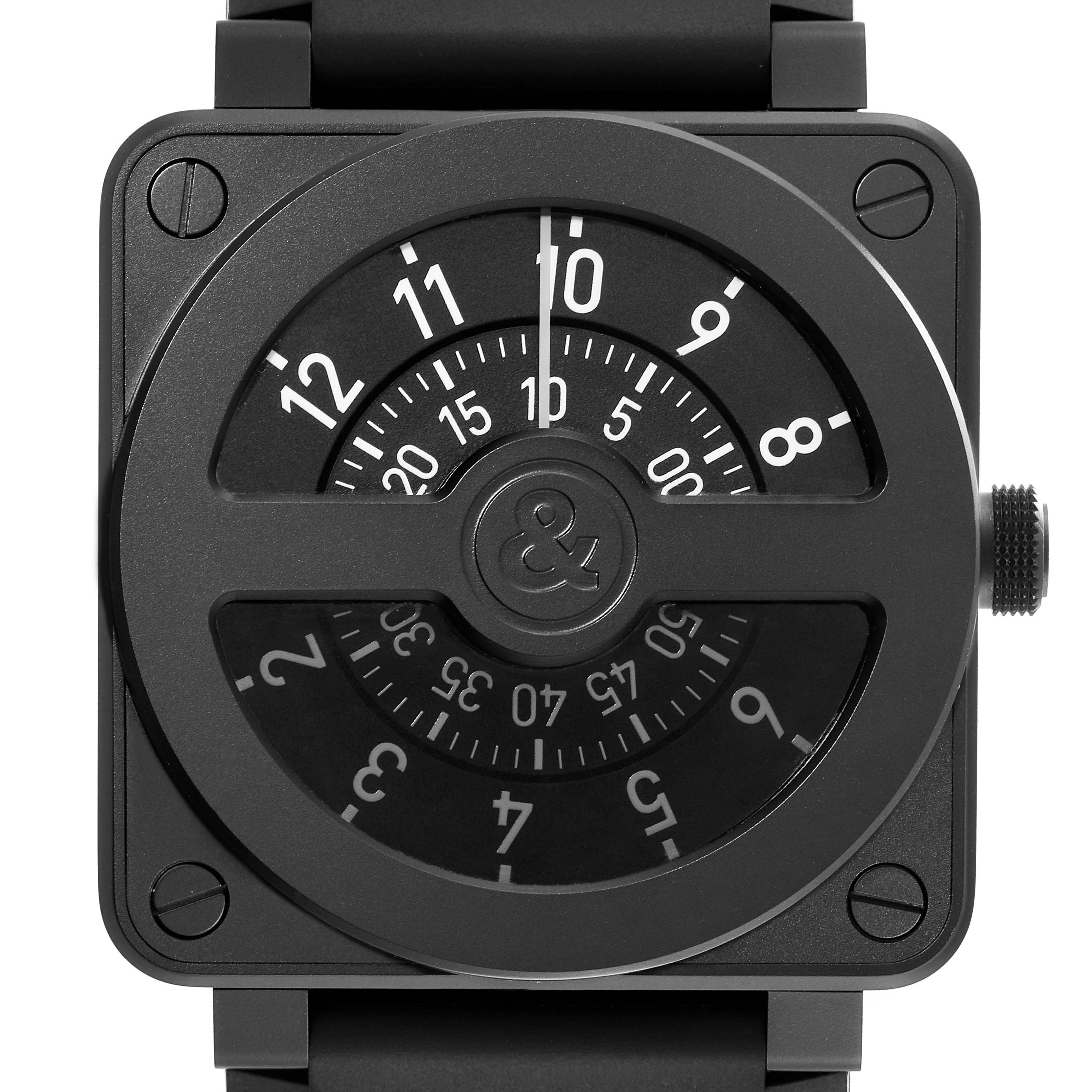 This image shows a front view of the Bell & Ross Instruments BR01-92-S Men's Stainless Steel Black Dial BR01-92-S Men's Stainless Steel Black Dial model watch, displaying its unique dial and square case.