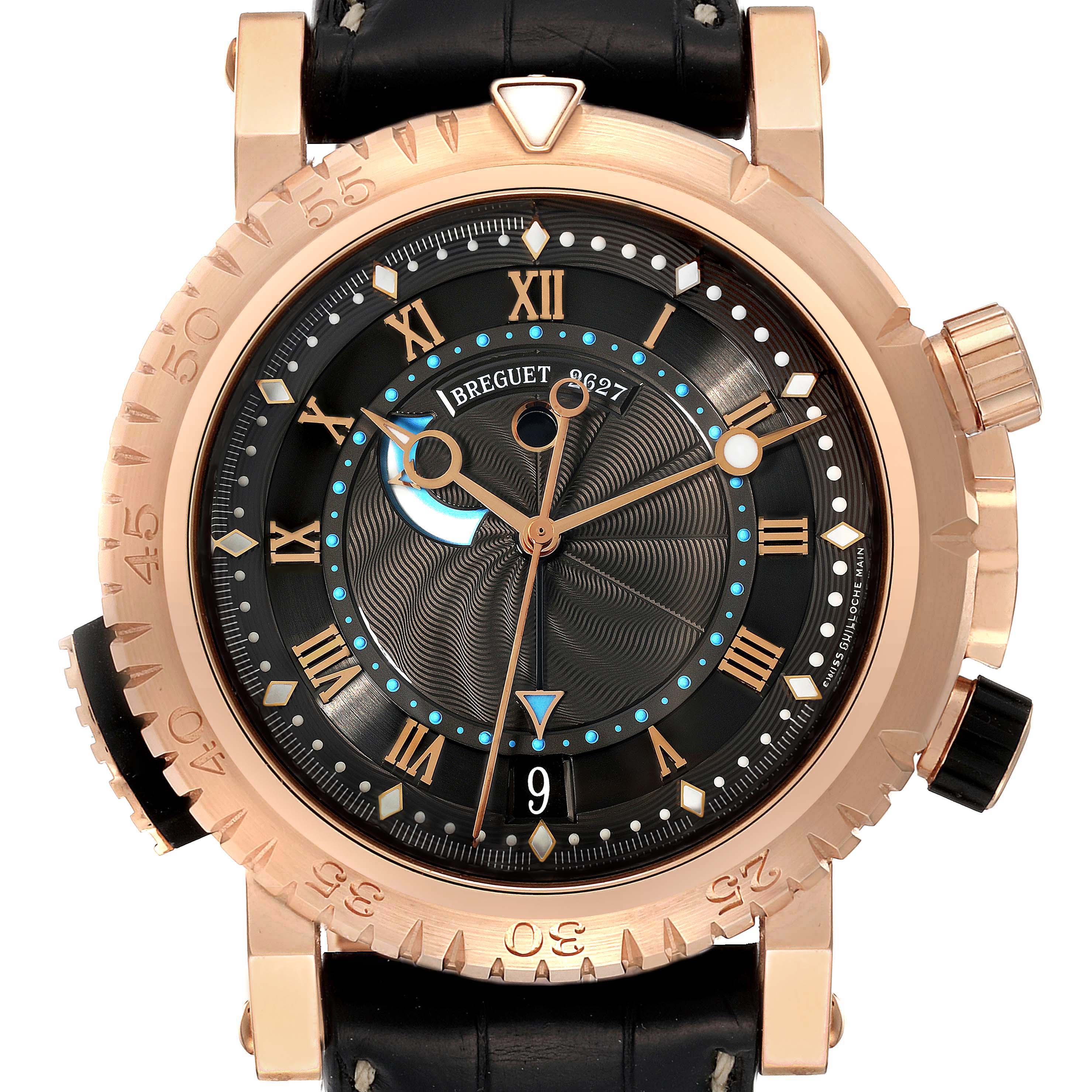 The Breguet Marine 5847BR/Z2/5ZV Men's Rose Gold Black Dial 5847BR/Z2/5ZV Men's Rose Gold Black Dial model watch is shown from a front angle, showcasing the dial, bezel, crown, and part of the leather strap.