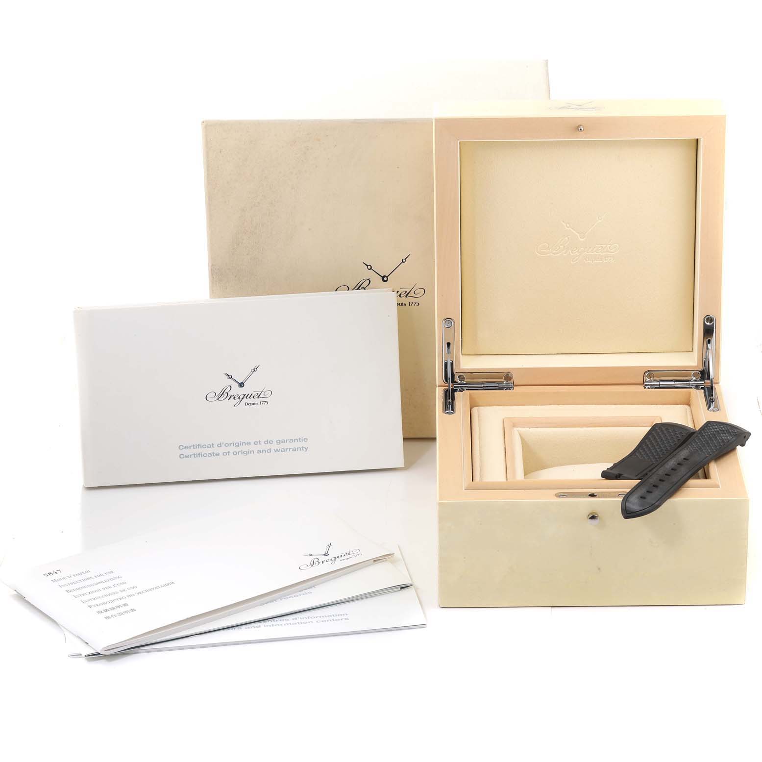 The image shows the packaging, warranty card, manual, and an additional strap for the Breguet Marine 5847BR/Z2/5ZV Men's Rose Gold Black Dial 5847BR/Z2/5ZV Men's Rose Gold Black Dial model watch.