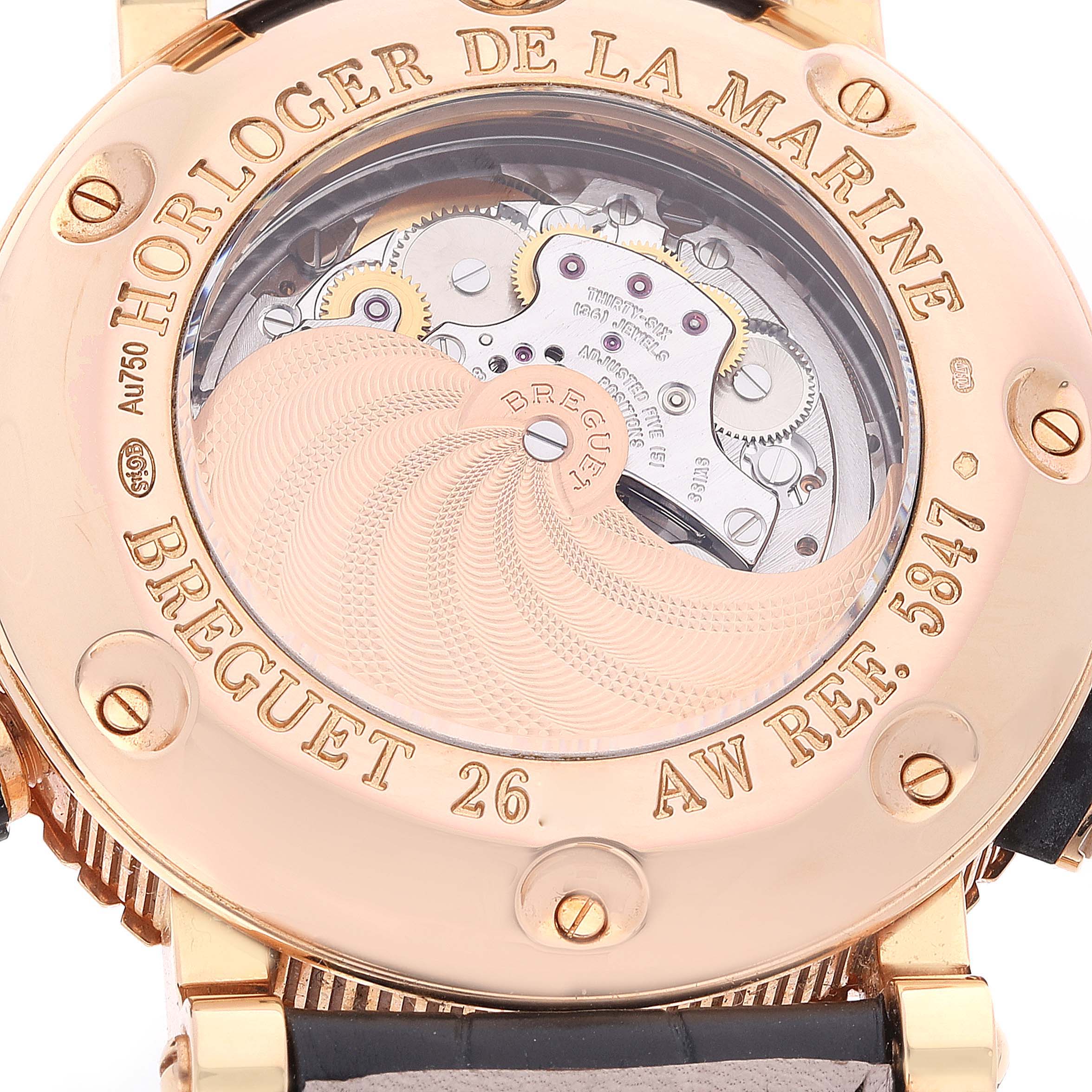 The image shows the back case and movement of a Breguet Marine 5847BR/Z2/5ZV Men's Rose Gold Black Dial 5847BR/Z2/5ZV Men's Rose Gold Black Dial model watch.