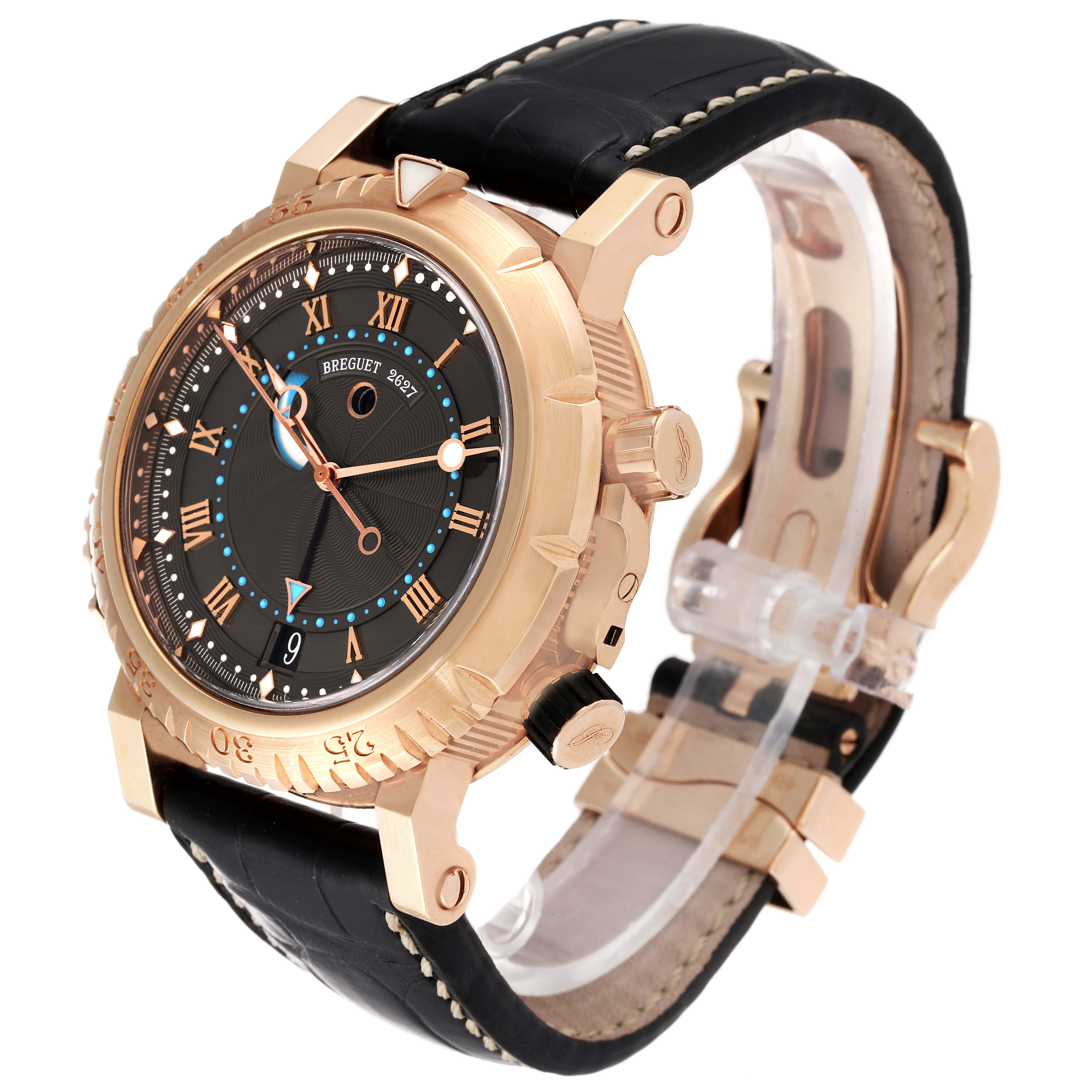 This image displays a Breguet Marine 5847BR/Z2/5ZV Men's Rose Gold Black Dial 5847BR/Z2/5ZV Men's Rose Gold Black Dial model watch from a three-quarter angle, showcasing the face, bezel, crown, and black leather strap.