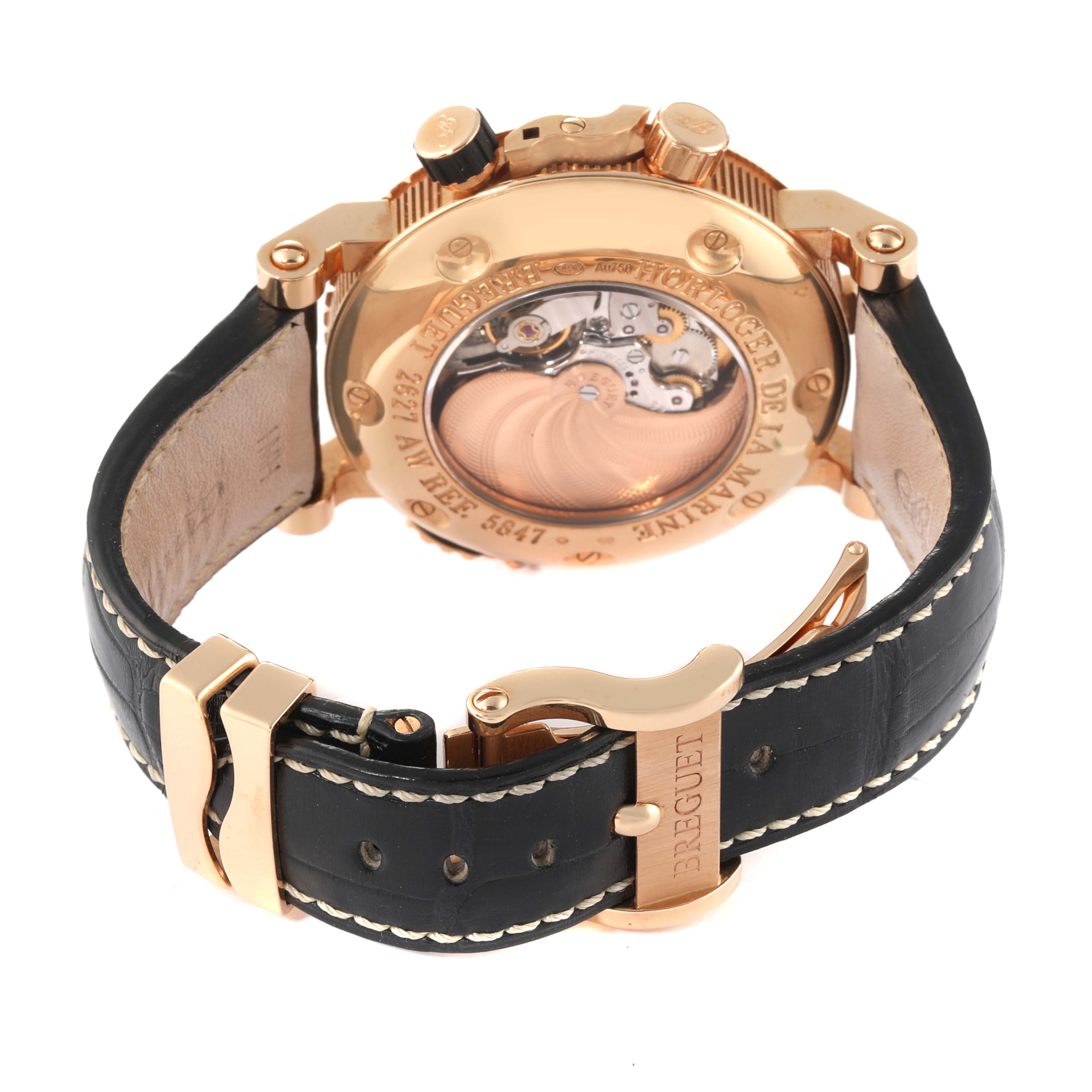 This is the back view of a Breguet Marine 5847BR/Z2/5ZV Men's Rose Gold Black Dial 5847BR/Z2/5ZV Men's Rose Gold Black Dial model watch, showing the movement, case, and leather strap with buckle.