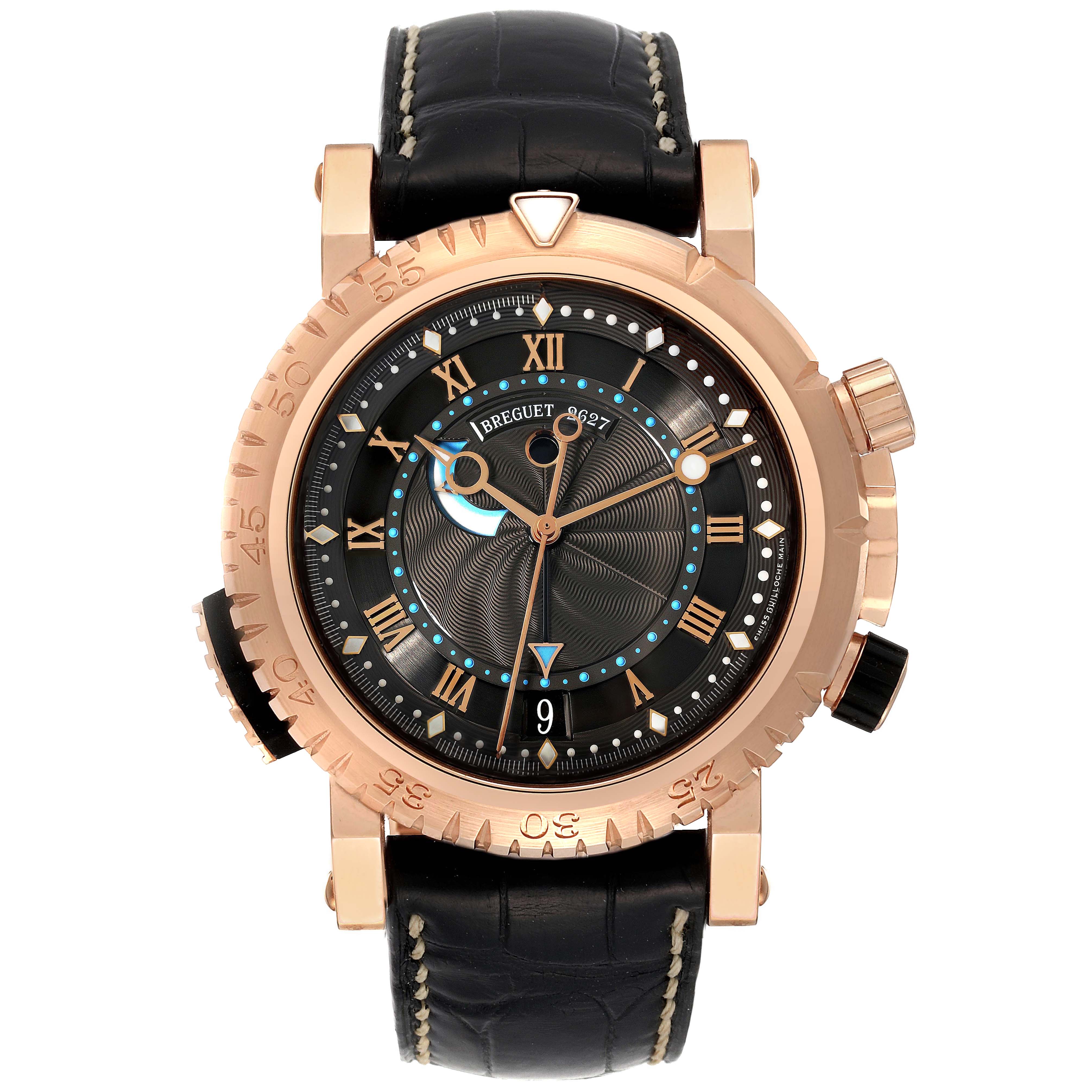 This image shows a front view of the Breguet Marine 5847BR/Z2/5ZV Men's Rose Gold Black Dial 5847BR/Z2/5ZV Men's Rose Gold Black Dial model watch, highlighting its face, gold casing, and black leather strap.