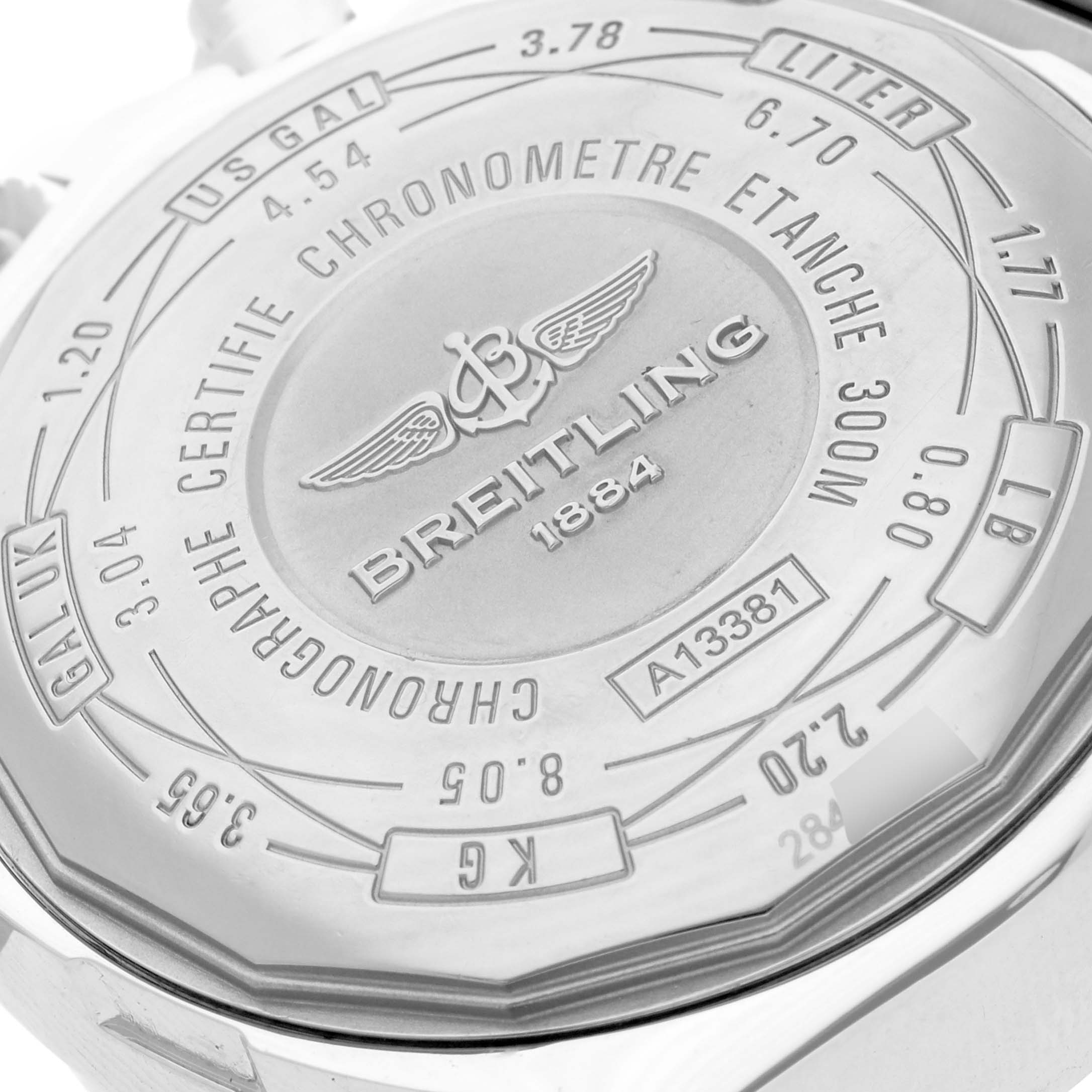 This image shows the back case of a Breitling Avenger A13381 Men's Stainless Steel Mother of Pearl Dial A13381 Men's Stainless Steel Mother of Pearl Dial watch, featuring engravings and specifications.