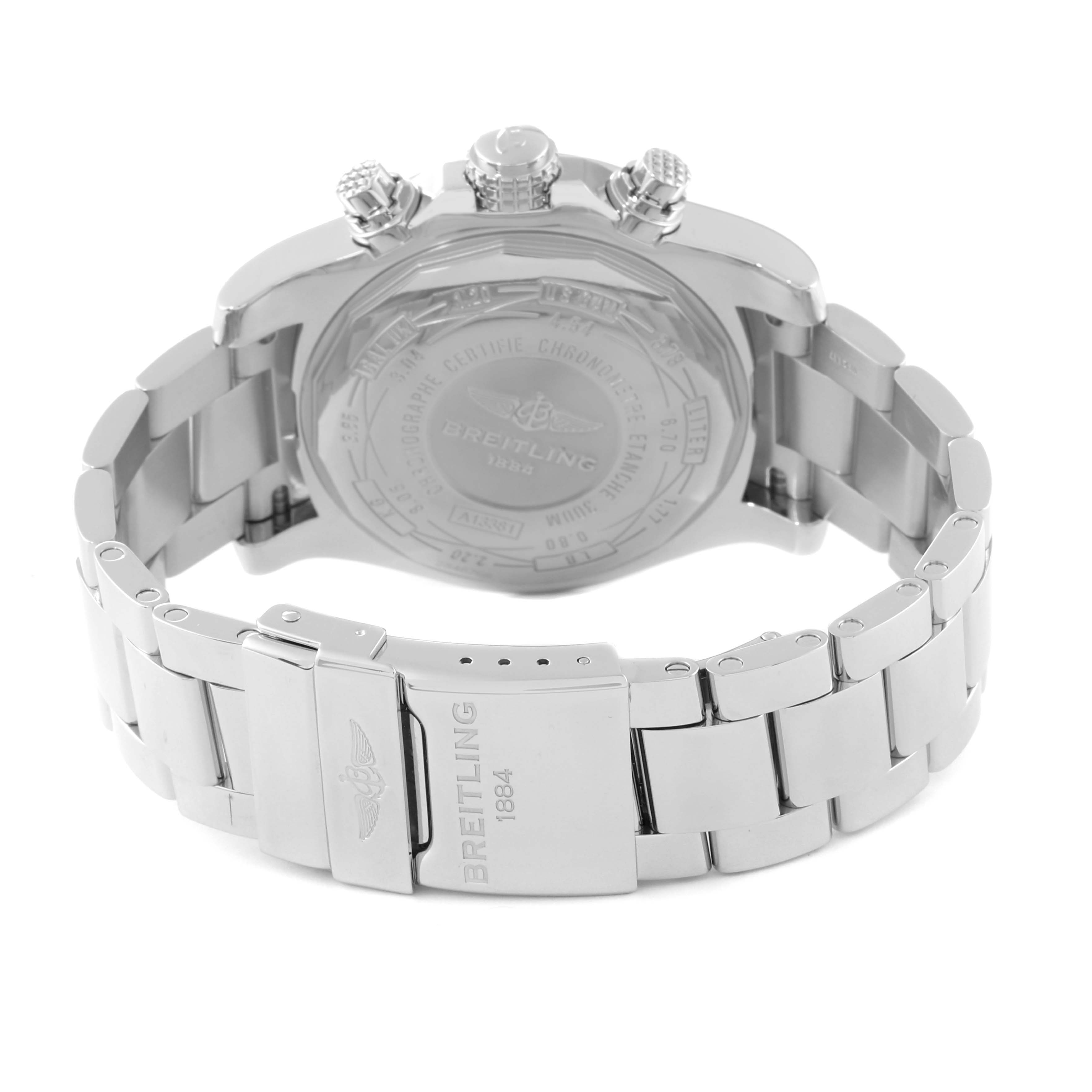 This image shows the back view of a Breitling Avenger A13381 Men's Stainless Steel Mother of Pearl Dial A13381 Men's Stainless Steel Mother of Pearl Dial watch, highlighting the stainless steel case, bracelet, and clasp.