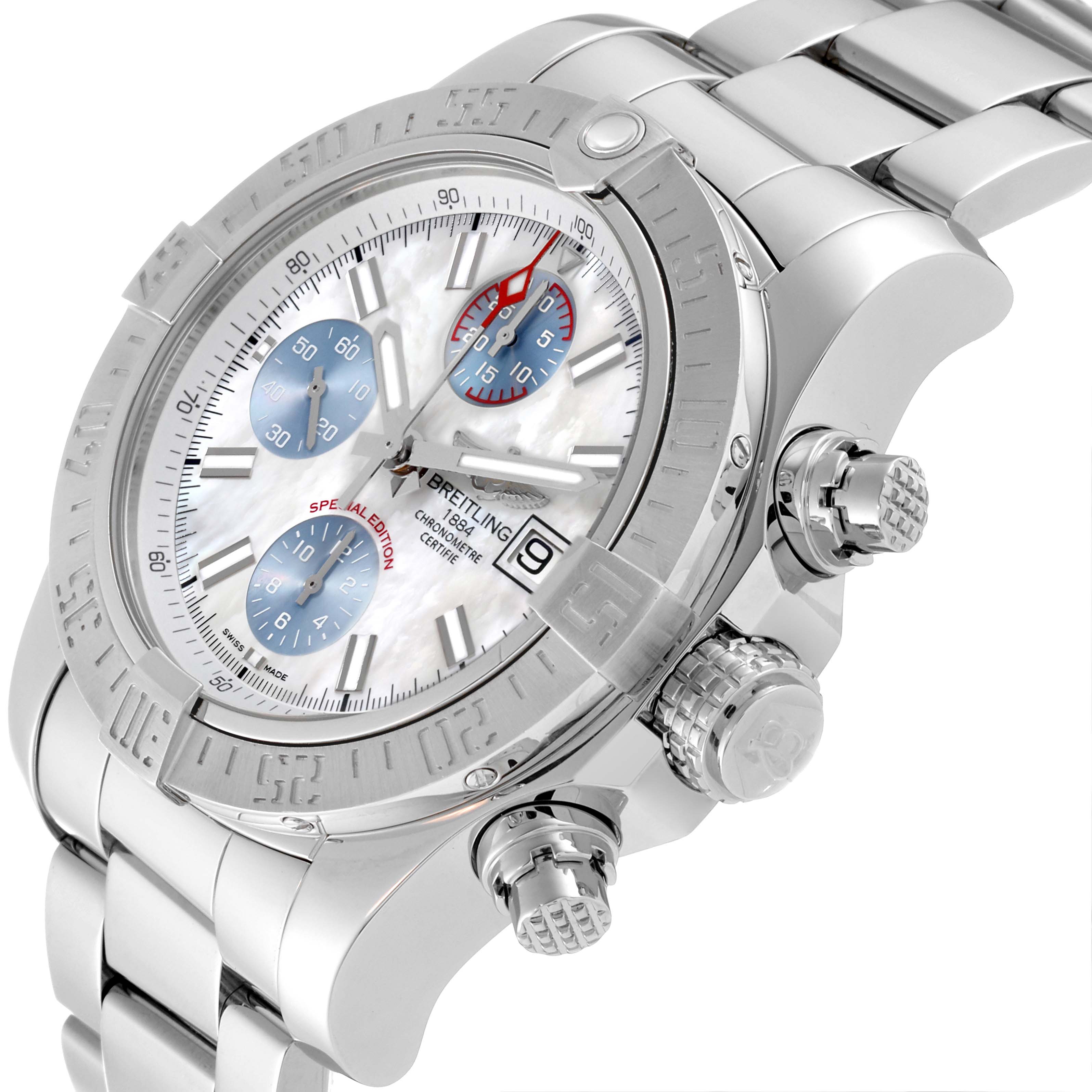 The Breitling Avenger A13381 Men's Stainless Steel Mother of Pearl Dial A13381 Men's Stainless Steel Mother of Pearl Dial watch is shown at an angle highlighting its face, side pushers, and bracelet.