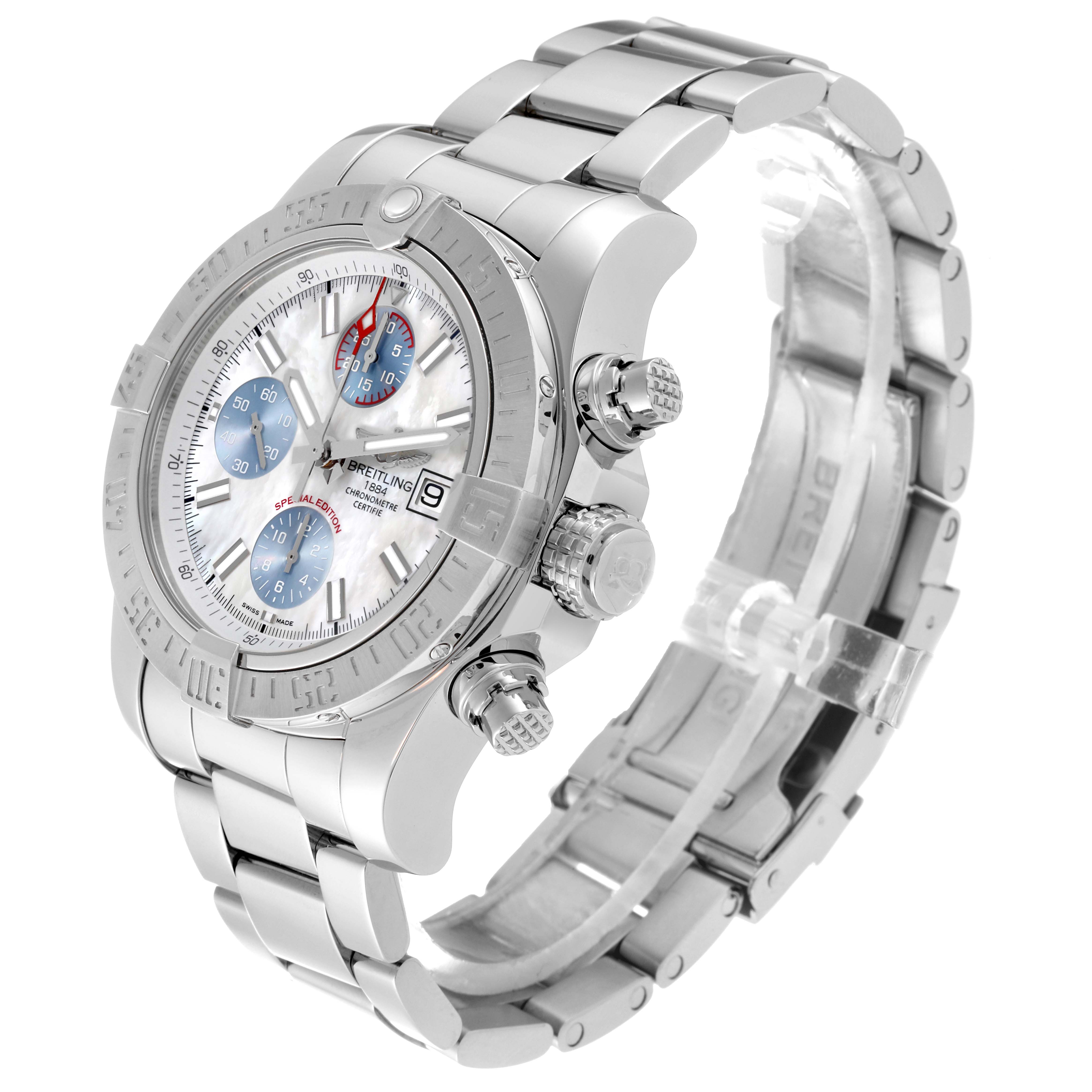 The image shows a Breitling Avenger A13381 Men's Stainless Steel Mother of Pearl Dial A13381 Men's Stainless Steel Mother of Pearl Dial watch at a three-quarter angle, highlighting the dial, bezel, subdials, crown, and bracelet.