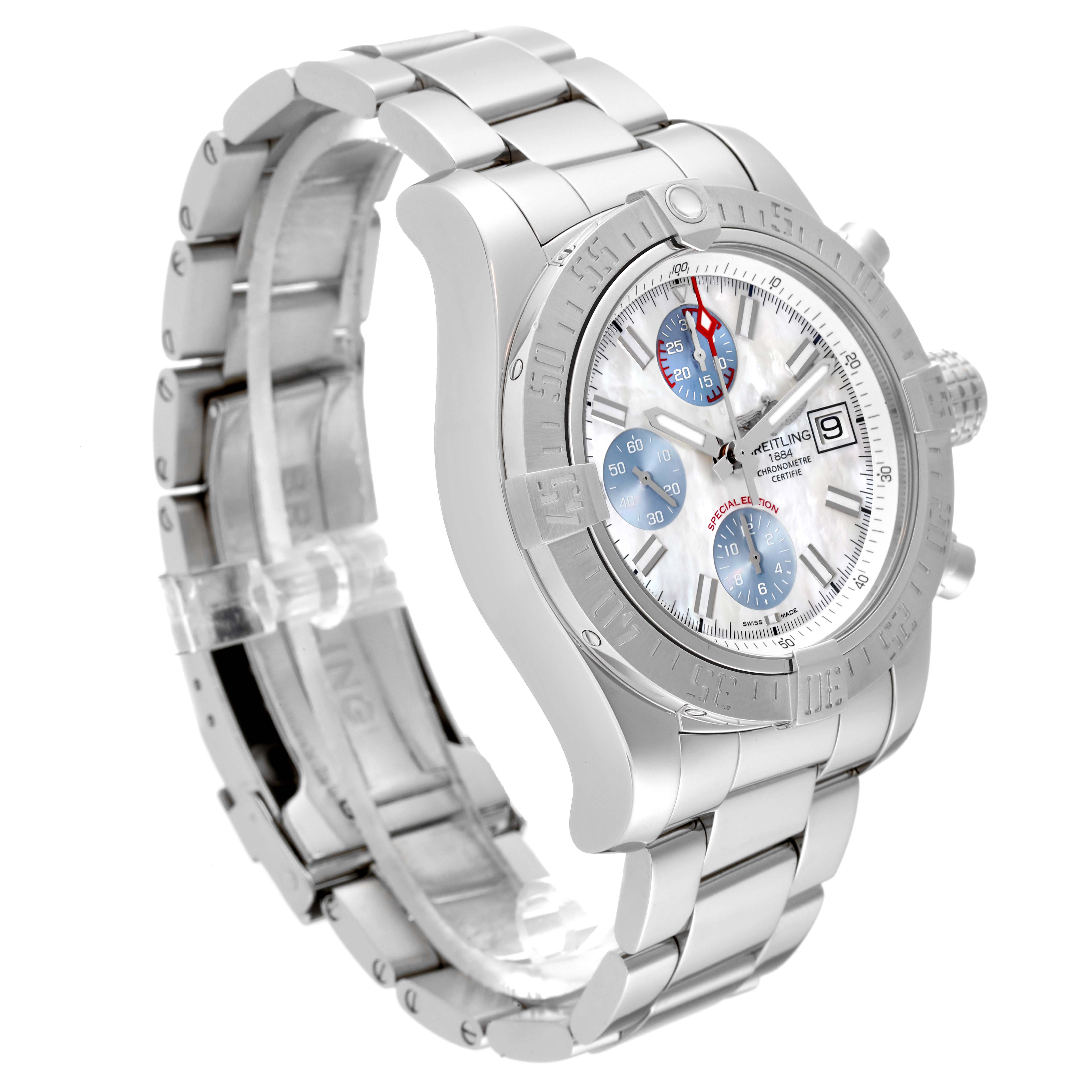 The Breitling Avenger A13381 Men's Stainless Steel Mother of Pearl Dial A13381 Men's Stainless Steel Mother of Pearl Dial model watch is shown at an angle highlighting the face, bezel, pushers, and metal bracelet.