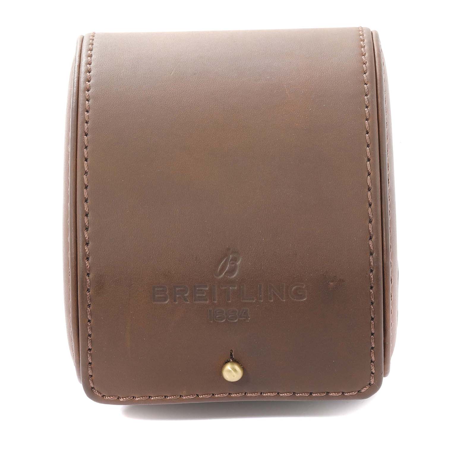 This image shows the front view of a brown leather case for the Breitling Avenger A13381 Men's Stainless Steel Mother of Pearl Dial A13381 Men's Stainless Steel Mother of Pearl Dial model watch.
