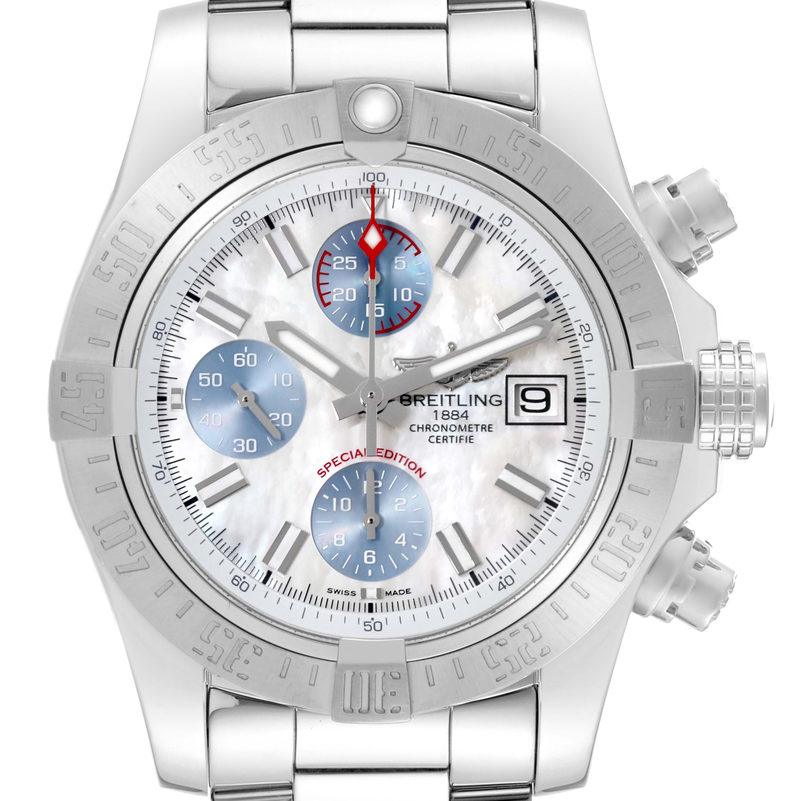 The image shows a frontal view of the Avenger model by Breitling, displaying its dial, bezel, and chronograph subdials.