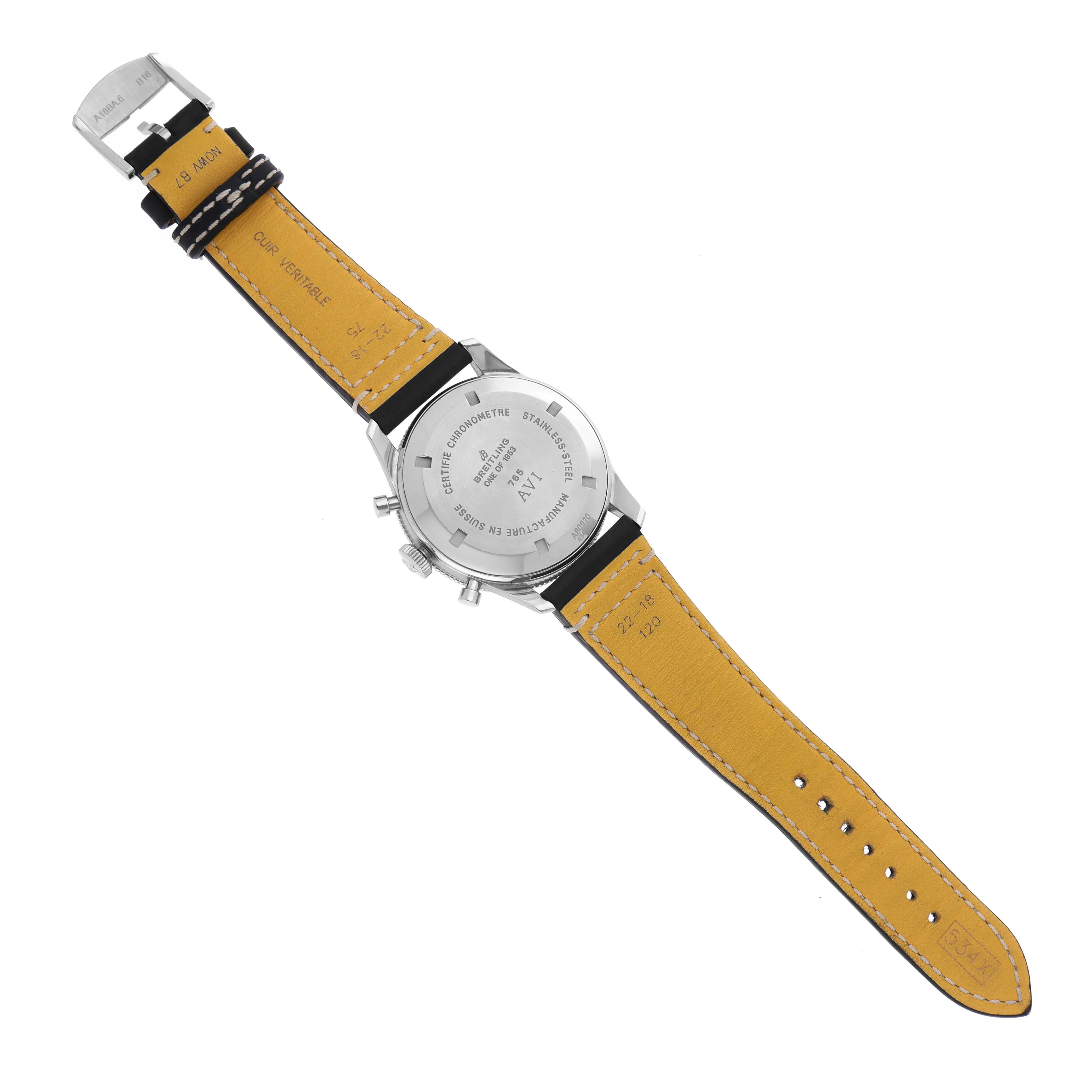 The image shows the back view of a Breitling Aviator AB0920 Men's Stainless Steel Black Dial AB0920 Men's Stainless Steel Black Dial watch with its strap fully extended.