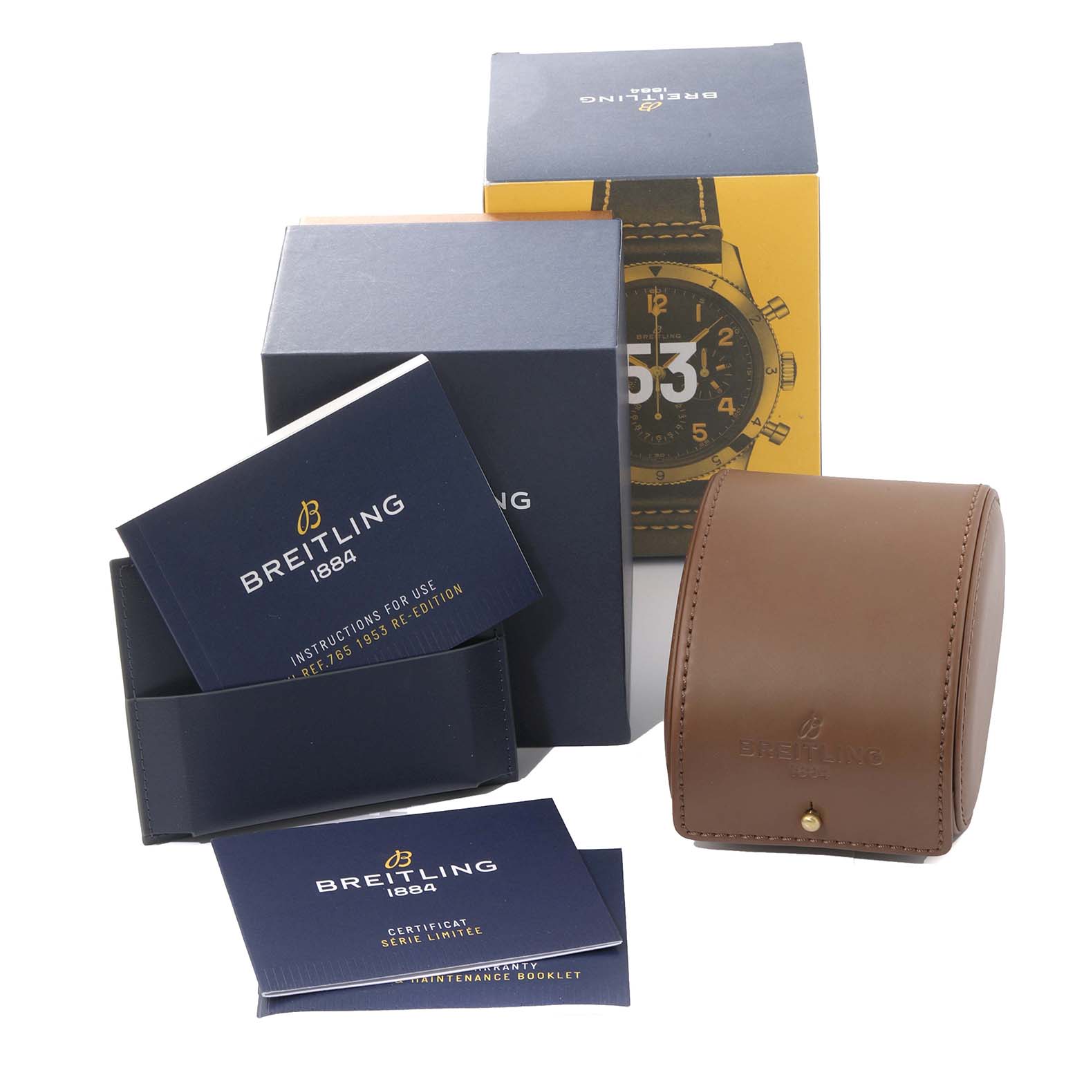 The image shows the Breitling Aviator AB0920 Men's Stainless Steel Black Dial AB0920 Men's Stainless Steel Black Dial model packaging, including a watch box, warranty booklet, and a separate leather case, all viewed from a front angle.