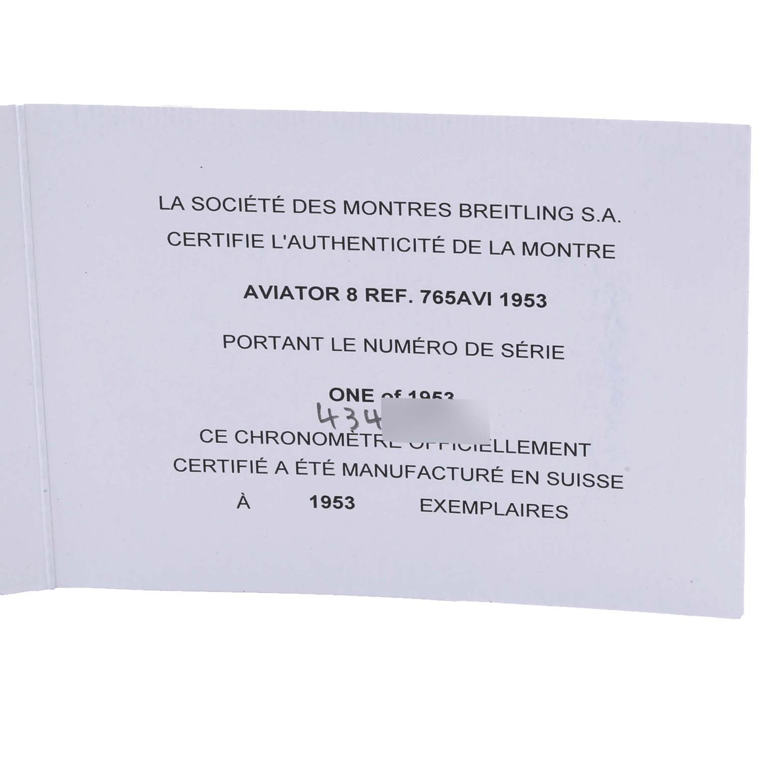 The image shows a certificate of authenticity for the Breitling Aviator AB0920 Men's Stainless Steel Black Dial AB0920 Men's Stainless Steel Black Dial 8 model, REF. 765AVI 1953.