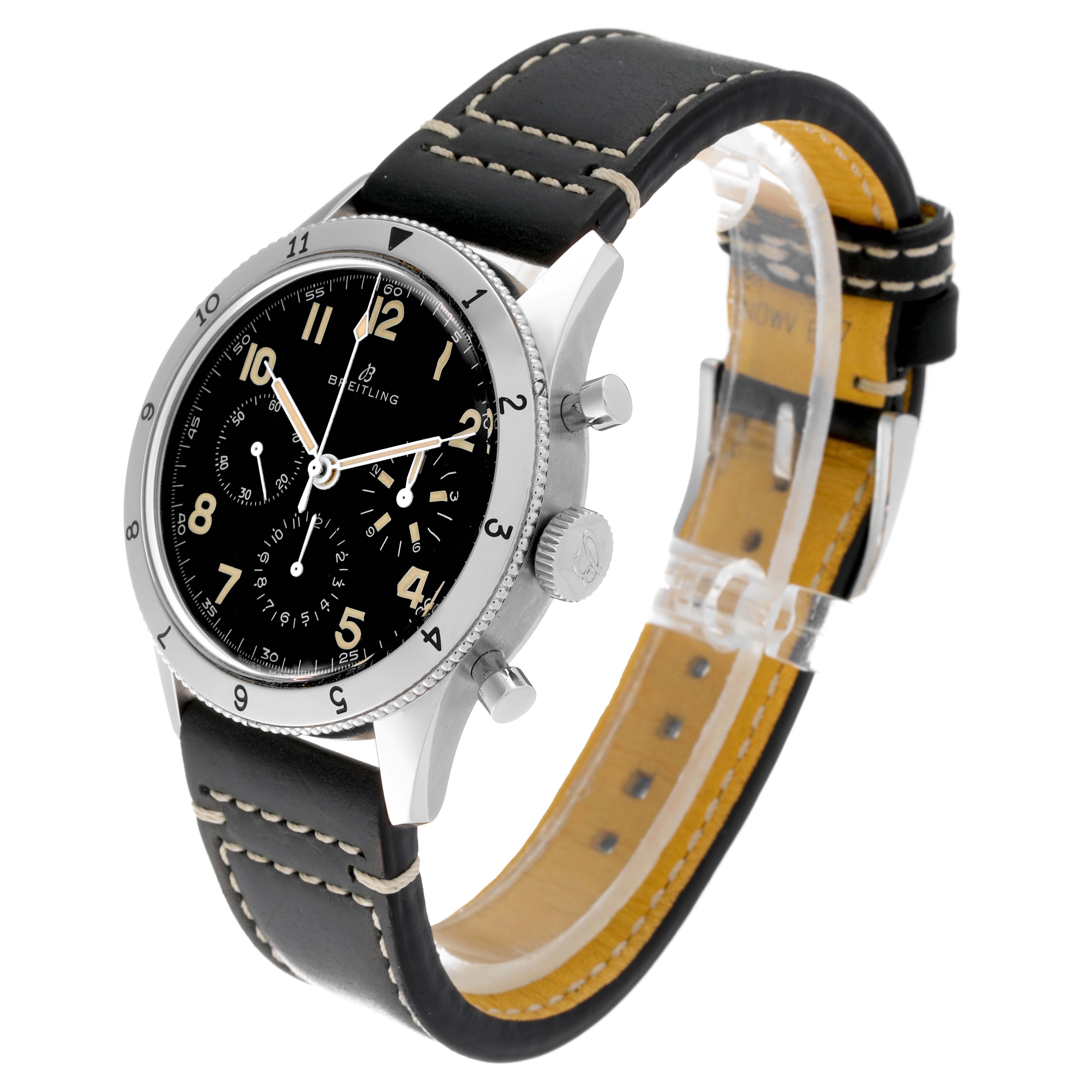 The Breitling Aviator AB0920 Men's Stainless Steel Black Dial AB0920 Men's Stainless Steel Black Dial model watch is shown at an angle, displaying the face, crown, pushers, and leather strap.