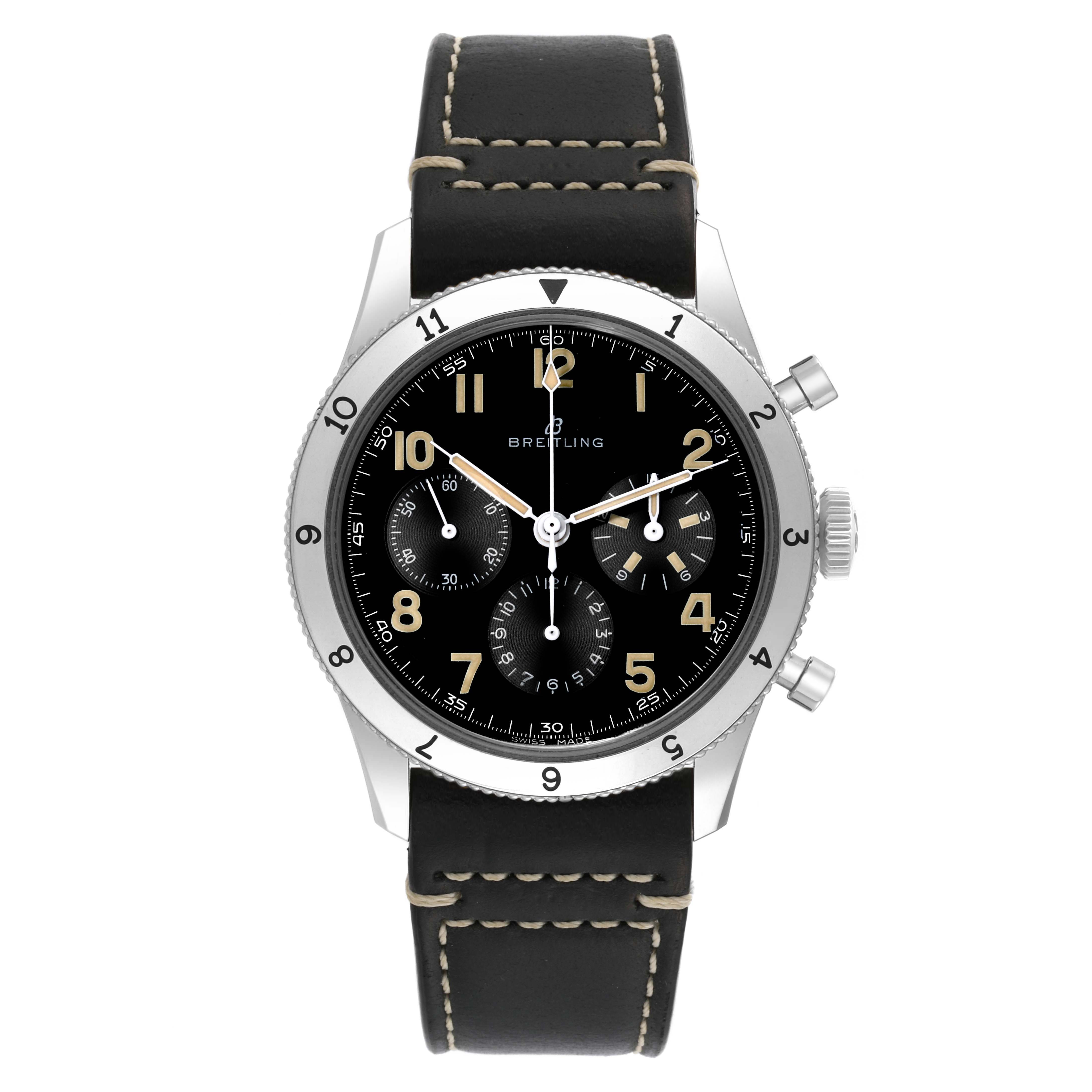 The image shows a front view of the Breitling Aviator AB0920 Men's Stainless Steel Black Dial AB0920 Men's Stainless Steel Black Dial watch, displaying its black dial, sub-dials, bezel, and leather strap.