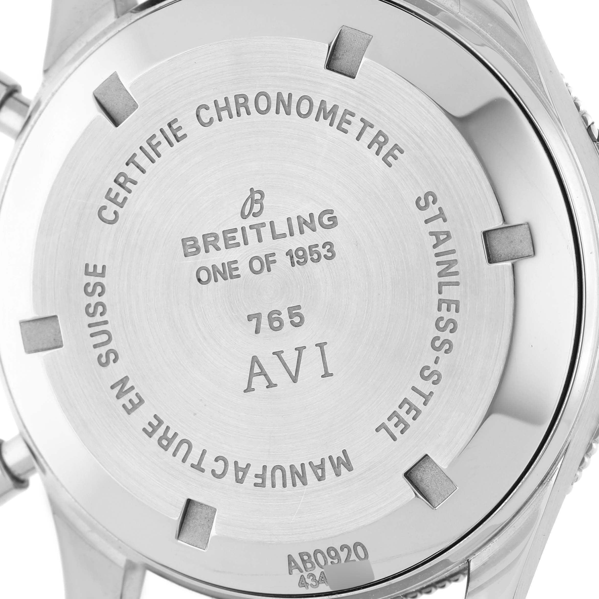 This image shows the back case of the Breitling Aviator AB0920 Men's Stainless Steel Black Dial AB0920 Men's Stainless Steel Black Dial model watch, displaying its engravings and specifications.