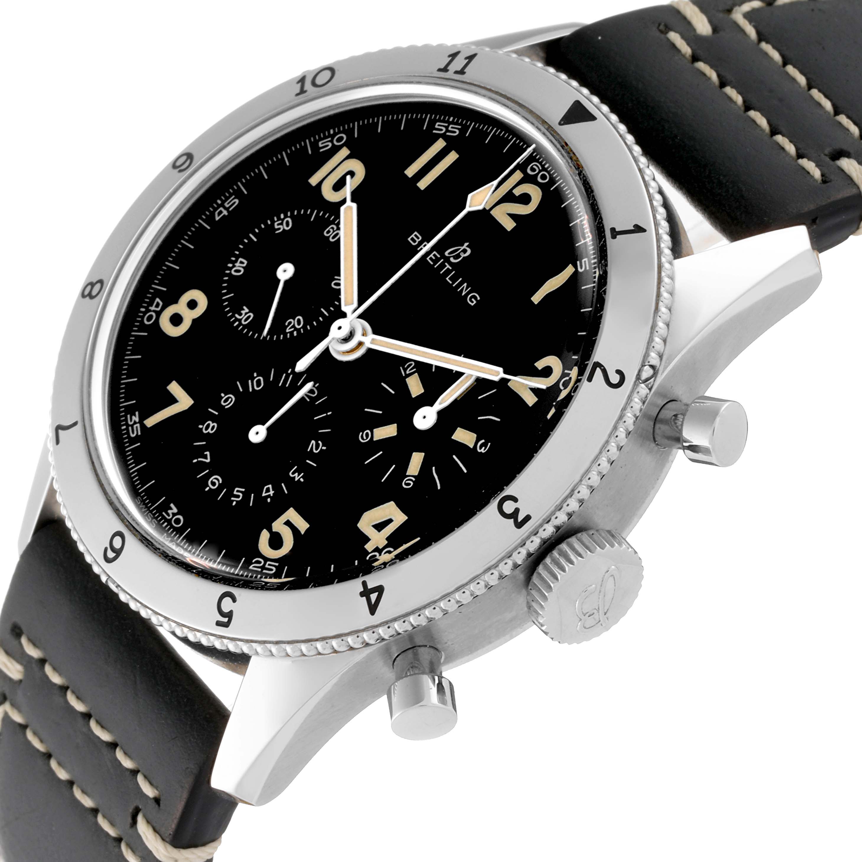 This image shows a close-up view of a Breitling Aviator AB0920 Men's Stainless Steel Black Dial AB0920 Men's Stainless Steel Black Dial watch, highlighting the dial, bezel, crown, and pushers from an angled perspective.