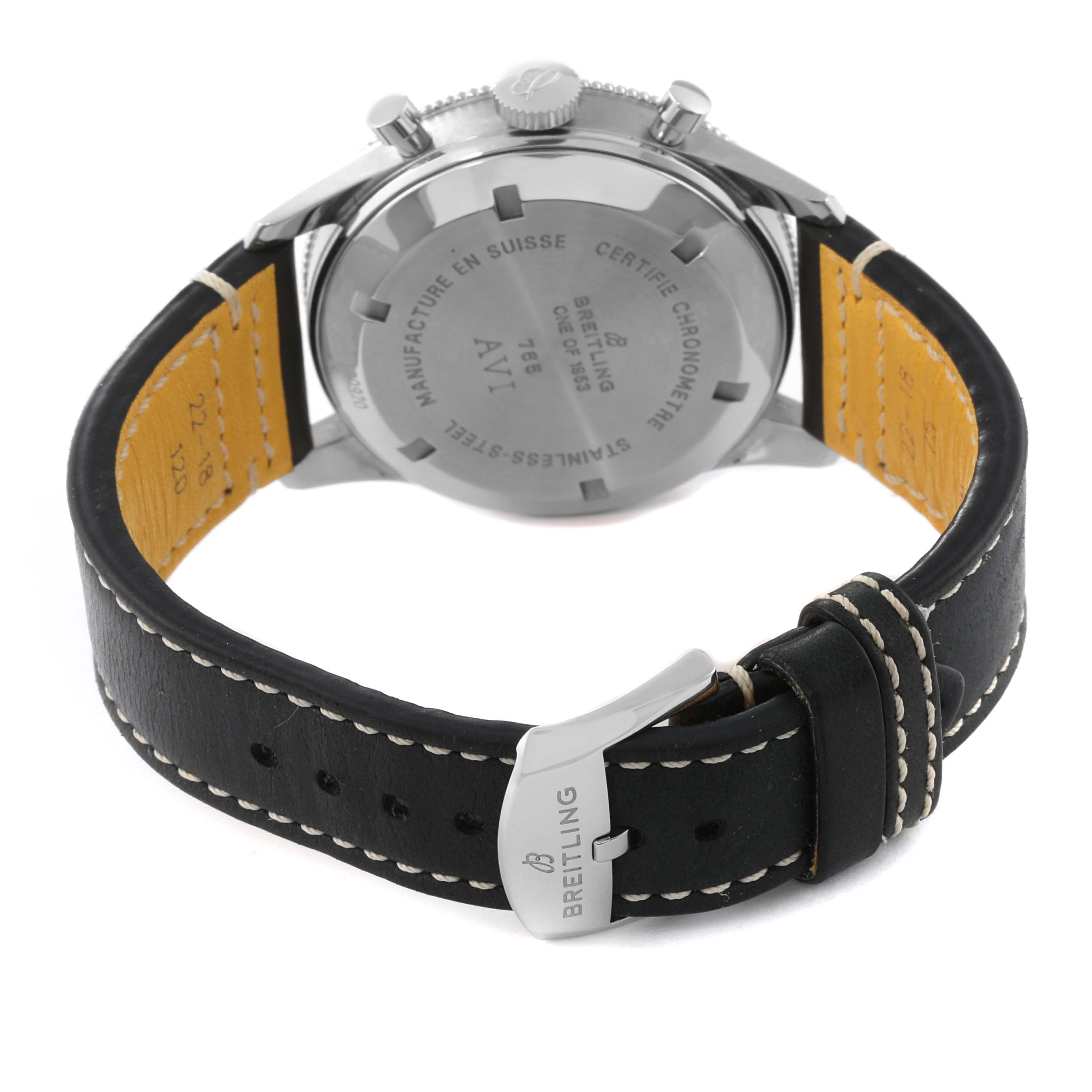 The image shows the back case and strap of the Breitling Aviator AB0920 Men's Stainless Steel Black Dial AB0920 Men's Stainless Steel Black Dial model watch from a rear angle.