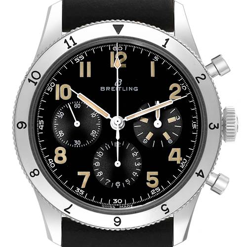 The Breitling Aviator watch is shown from the front, displaying its dial, bezel, and crown.