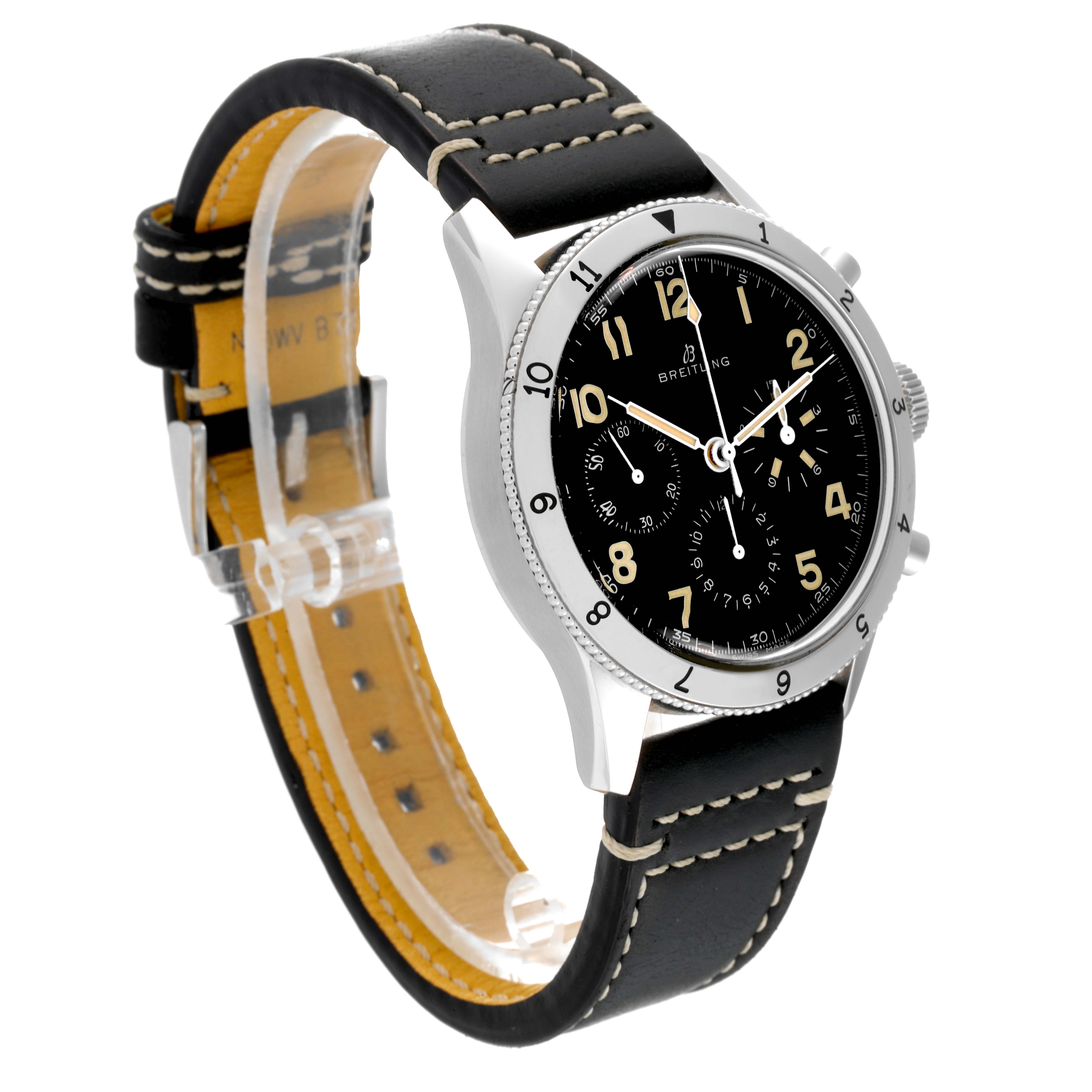 The Breitling Aviator AB0920 Men's Stainless Steel Black Dial AB0920 Men's Stainless Steel Black Dial model watch is shown at an angle revealing its black dial, black leather strap, and stainless steel casing.