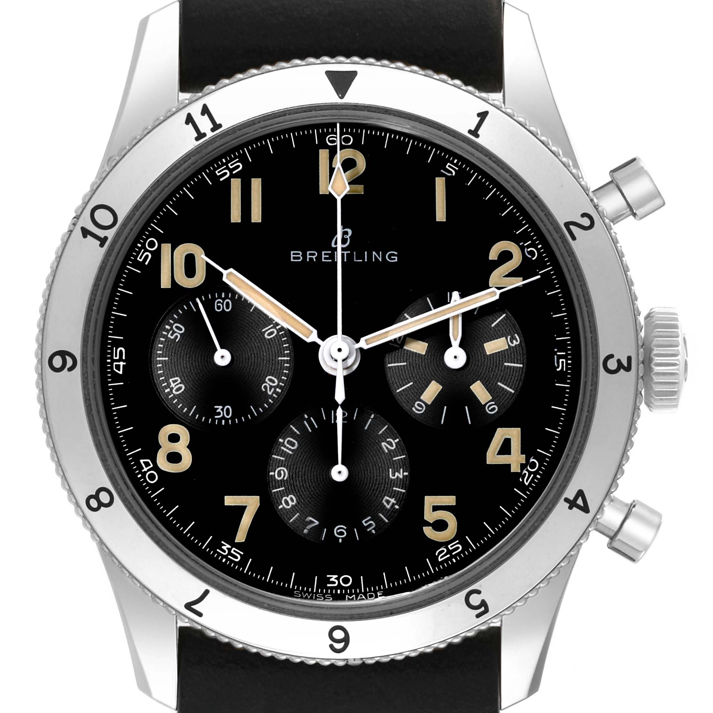 This Breitling Aviator AB0920 Men's Stainless Steel Black Dial AB0920 Men's Stainless Steel Black Dial watch is shown from the front, highlighting the black dial, luminescent hands, sub-dials, and Arabic numerals.