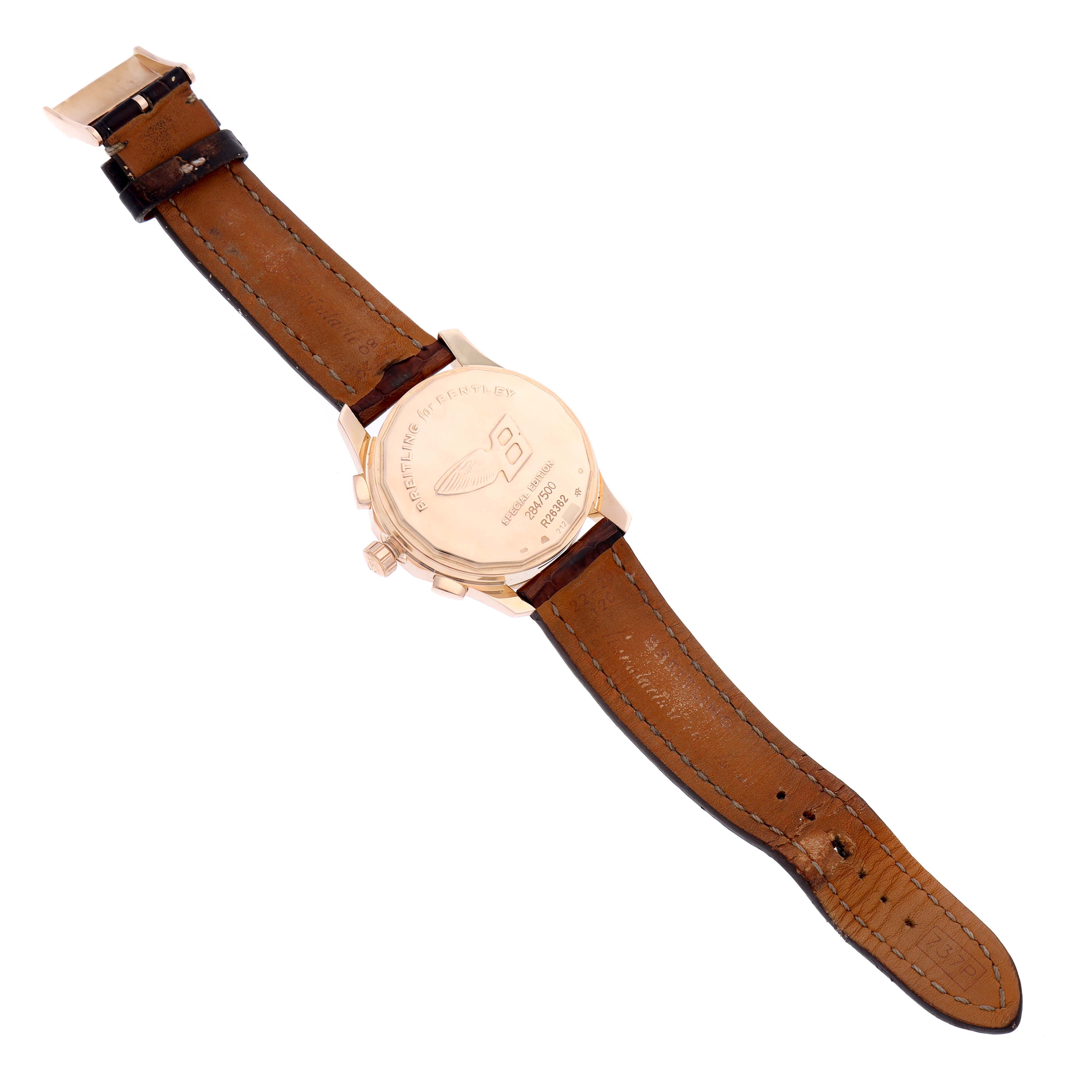 The image shows the back view of the Breitling Bentley R26362 Men's Rose Gold Brown Dial R26362 Men's Rose Gold Brown Dial watch, highlighting the case back and leather strap.