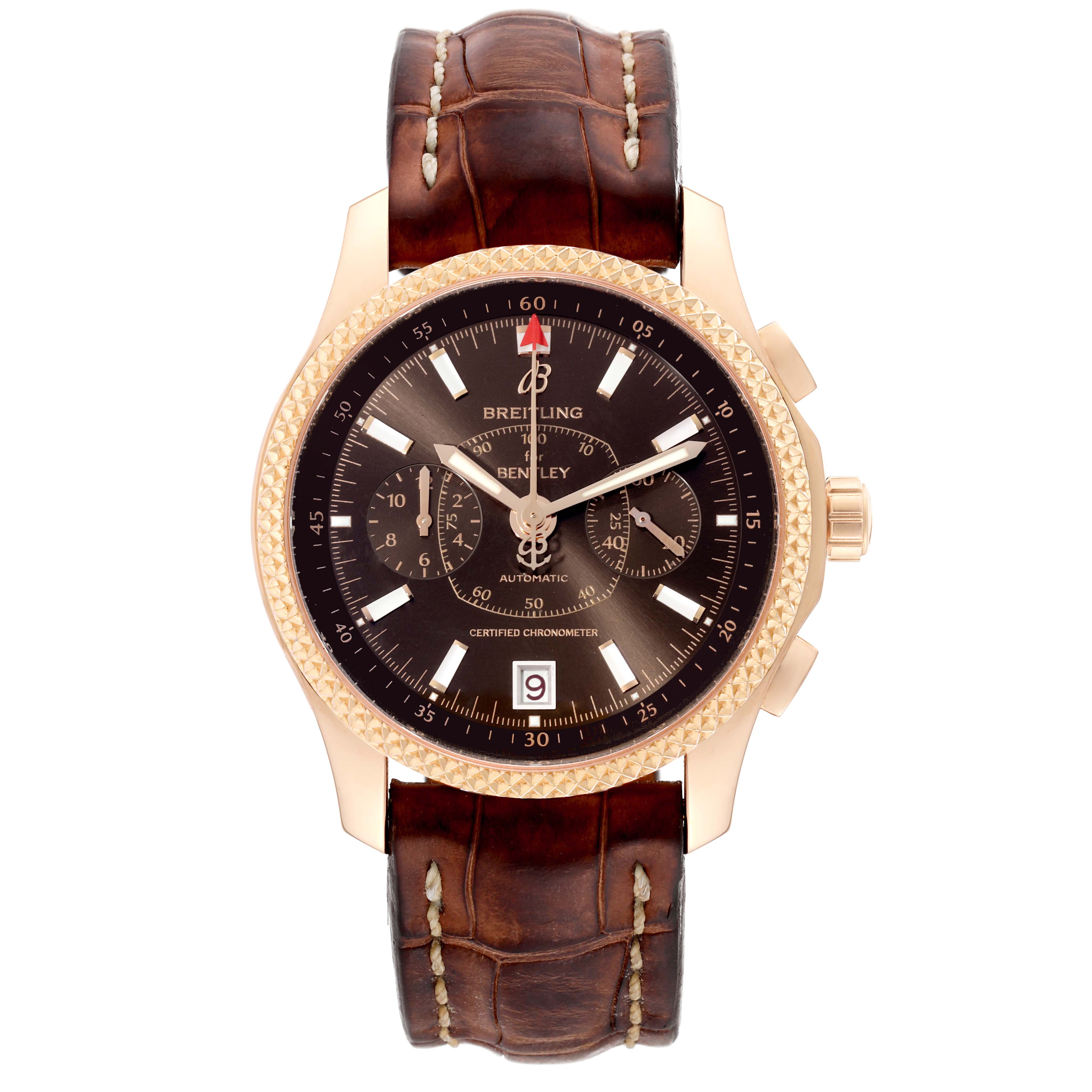 The image shows a front view of a Breitling Bentley R26362 Men's Rose Gold Brown Dial R26362 Men's Rose Gold Brown Dial watch, showcasing the dial, bezel, crown, and brown leather strap.