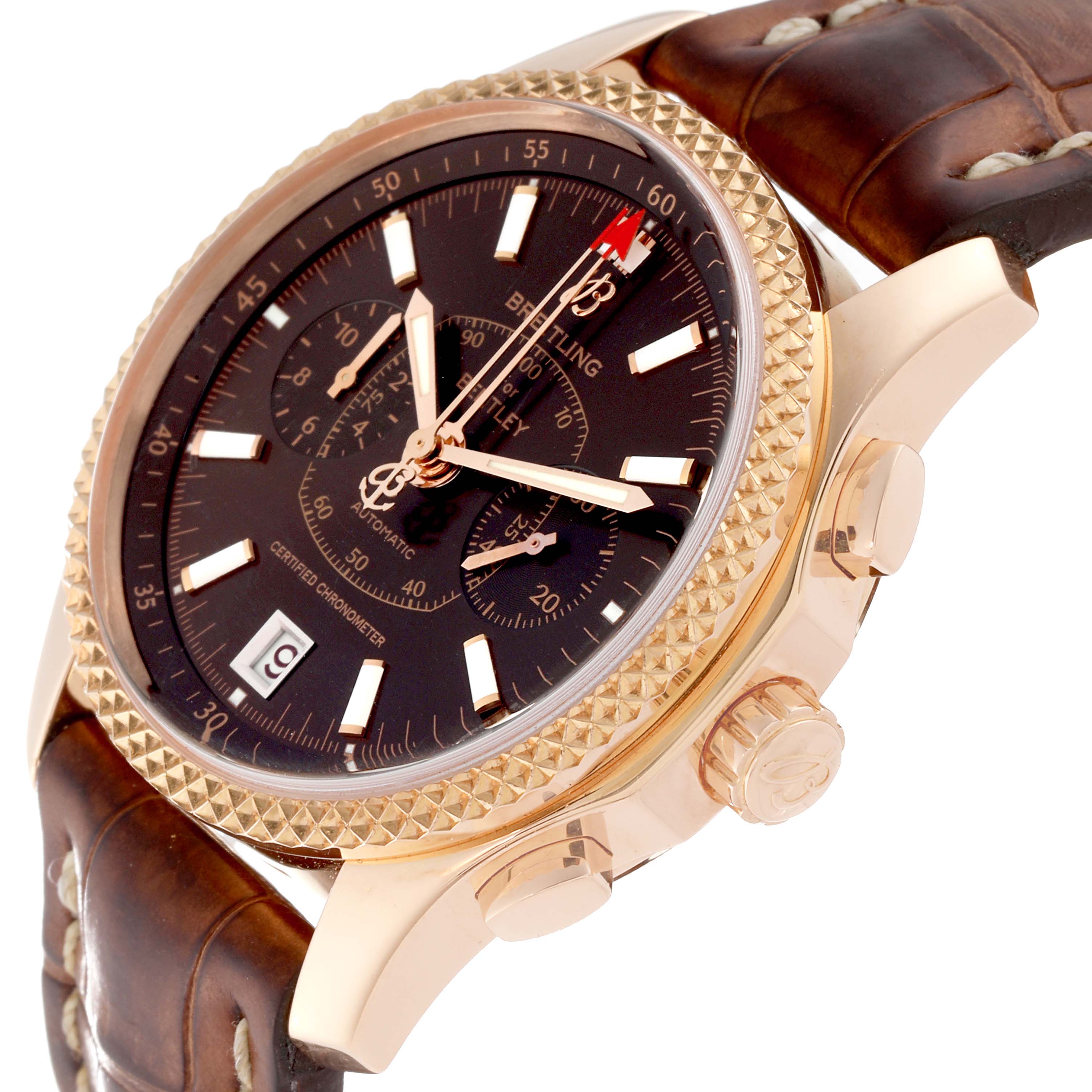 The image shows a Breitling Bentley R26362 Men's Rose Gold Brown Dial R26362 Men's Rose Gold Brown Dial watch angled to display its brown dial, gold bezel, case, and brown leather strap.