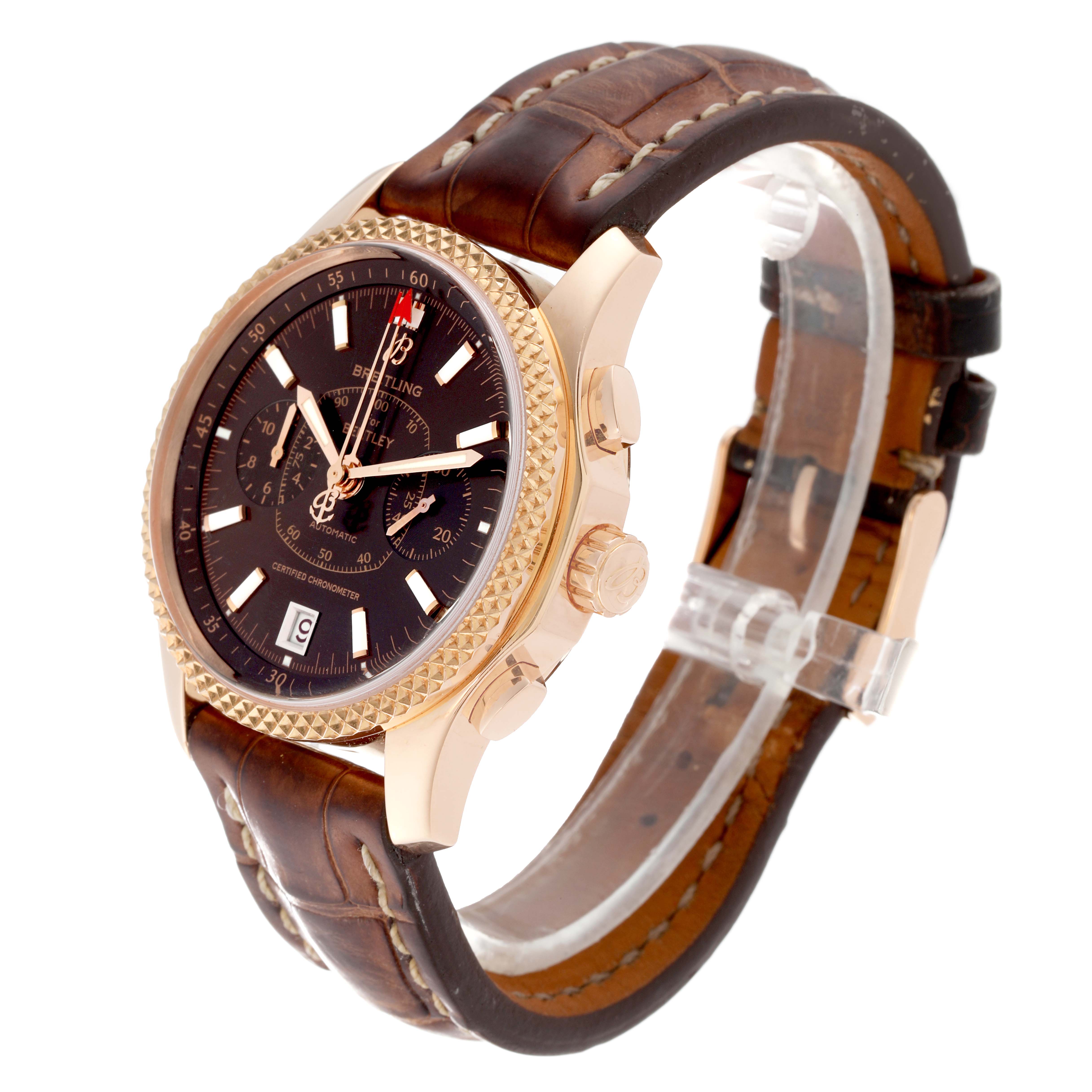 The Breitling Bentley R26362 Men's Rose Gold Brown Dial R26362 Men's Rose Gold Brown Dial watch is shown at a 3/4 angle highlighting the face, case, bezel, crown, and leather strap.