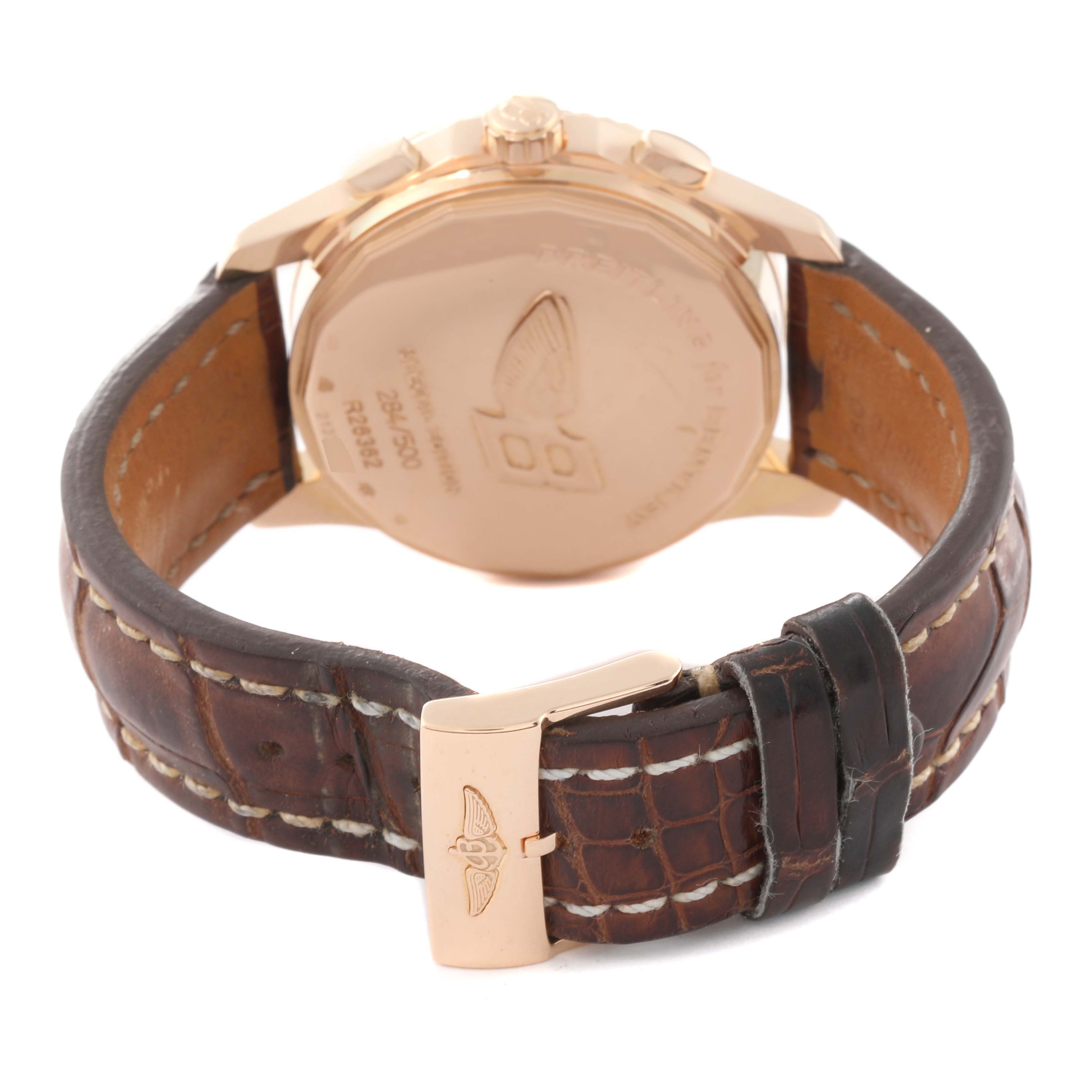 The image shows the back view of the Bentley model watch by Breitling, highlighting the leather strap and clasp.