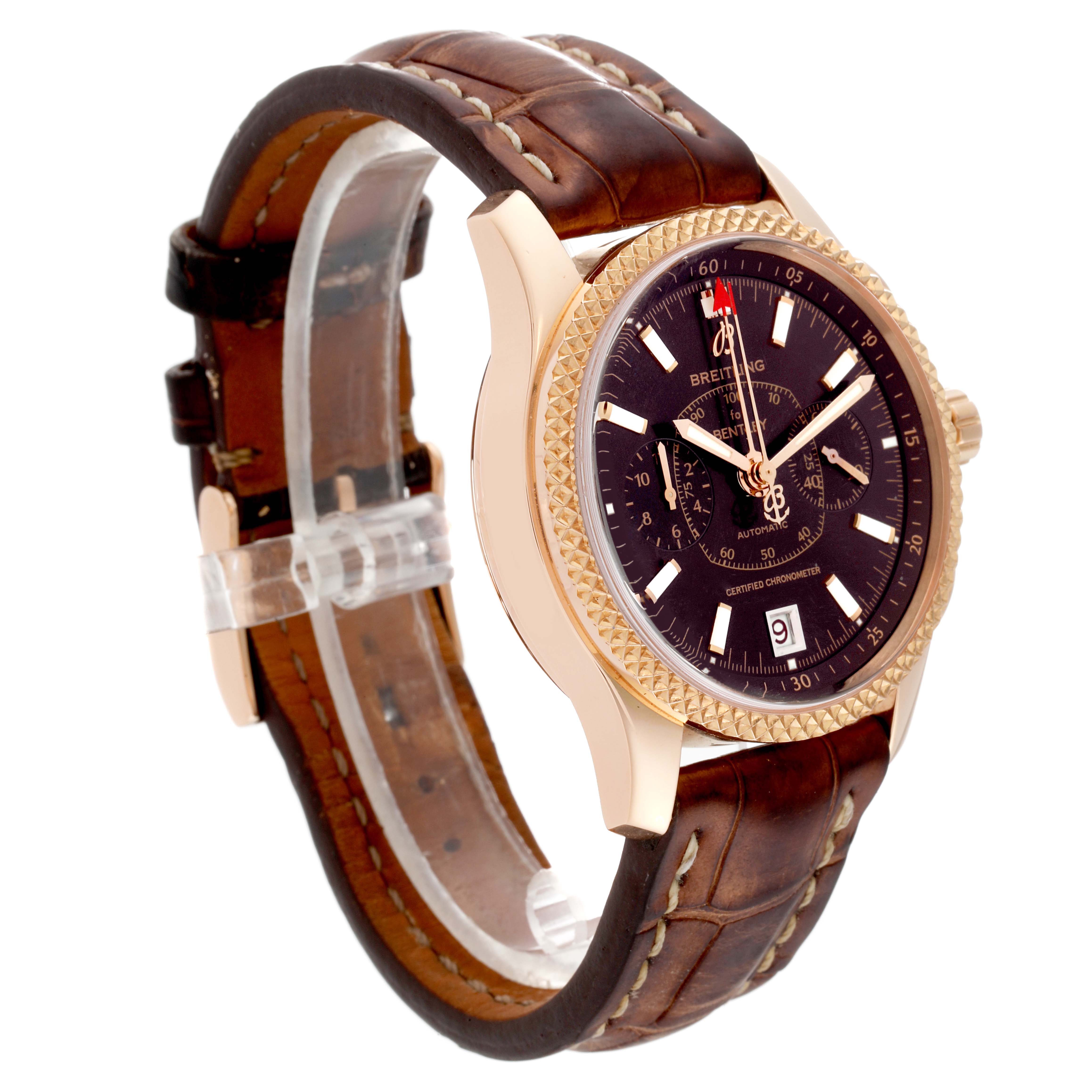 The Breitling Bentley R26362 Men's Rose Gold Brown Dial R26362 Men's Rose Gold Brown Dial model watch is shown from an angled side view, displaying its face, bezel, crown, and leather strap.