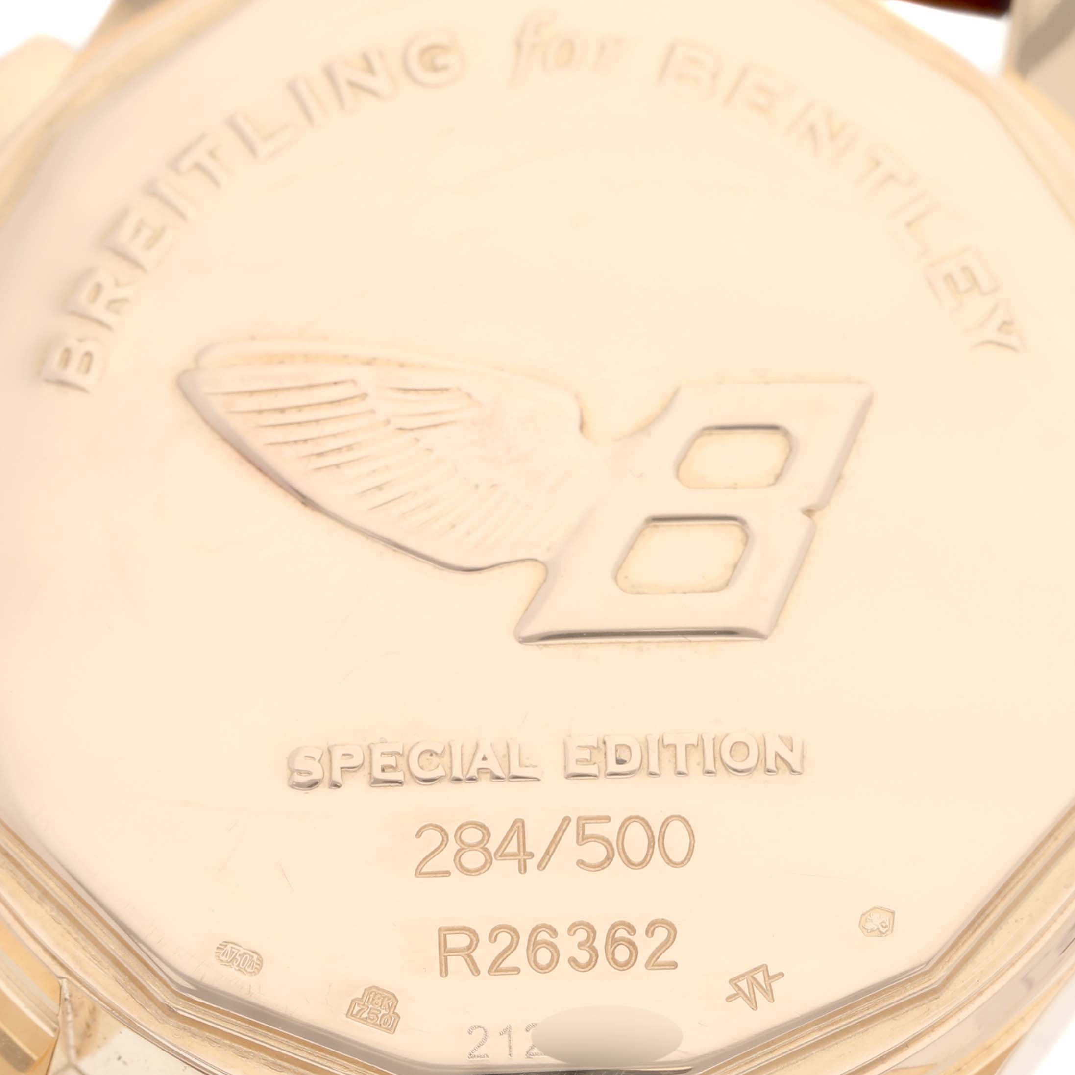 The image shows the back case of the Breitling Bentley R26362 Men's Rose Gold Brown Dial R26362 Men's Rose Gold Brown Dial watch model, highlighting its limited edition number.