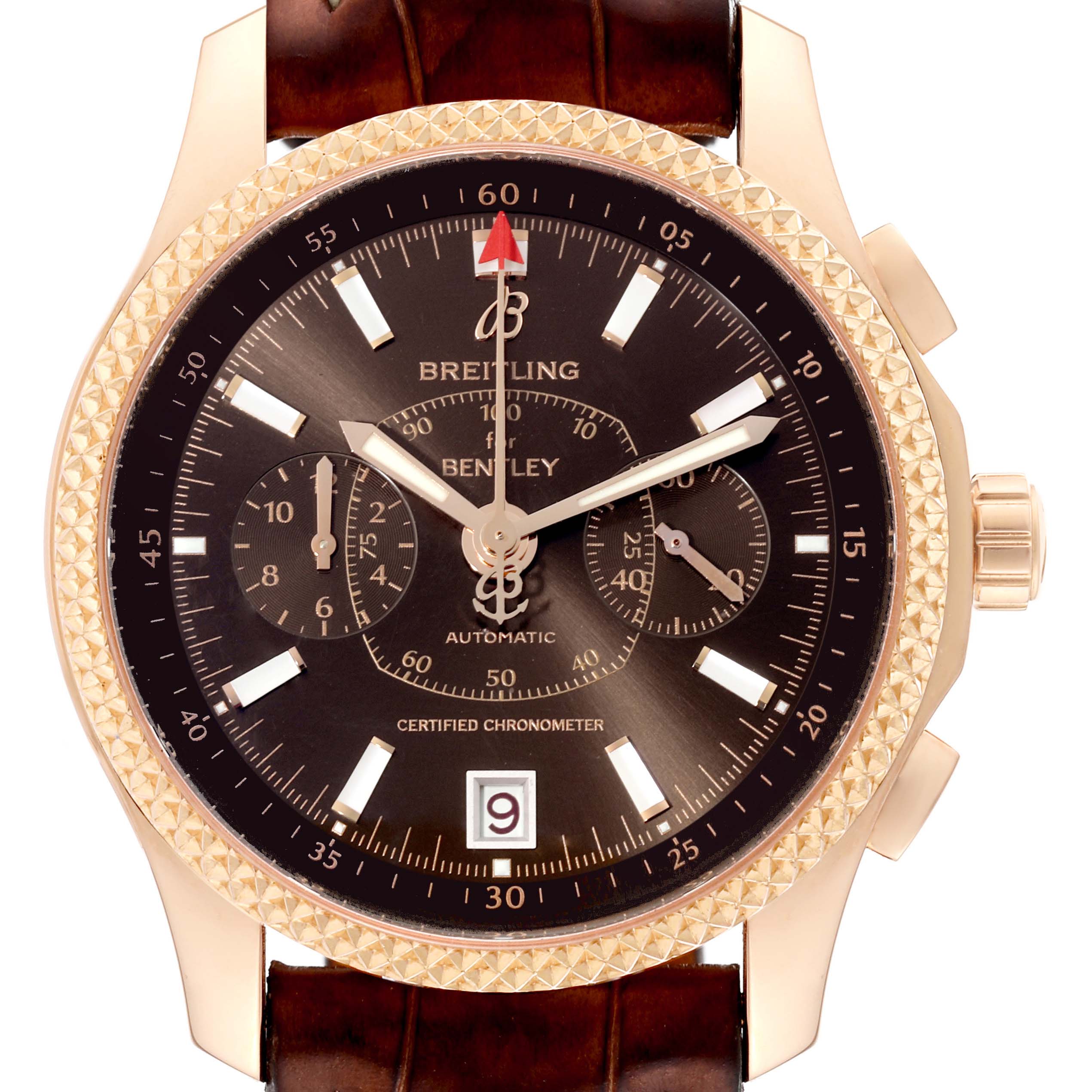 The image shows the front view of the Breitling Bentley R26362 Men's Rose Gold Brown Dial R26362 Men's Rose Gold Brown Dial watch, highlighting the dial and bezel.