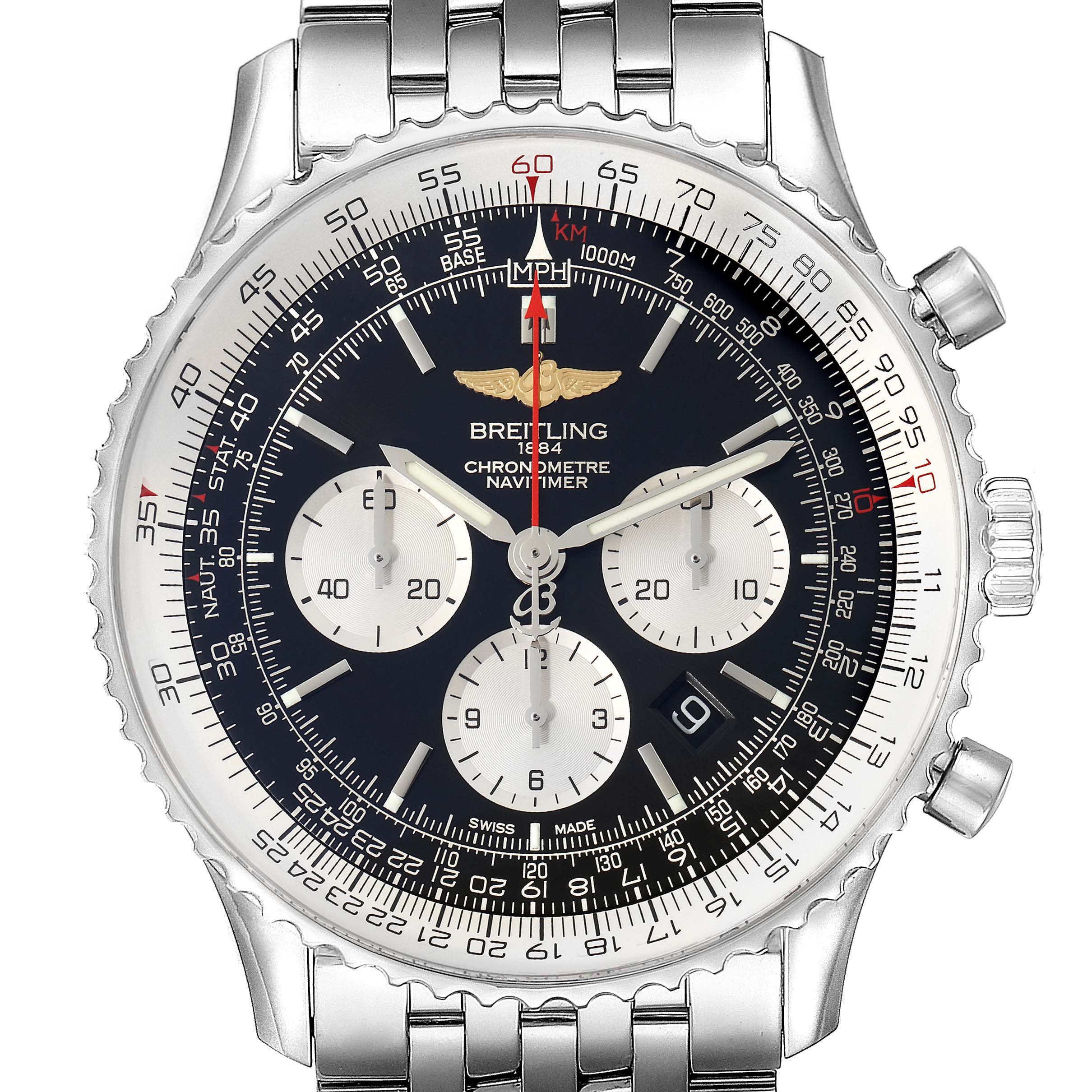 The image shows a front view of the Breitling Navitimer AB0127-211-B1A1 Men's Stainless Steel Black Dial AB0127-211-B1A1 Men's Stainless Steel Black Dial watch, including the dial, bezel, and part of the stainless steel bracelet.