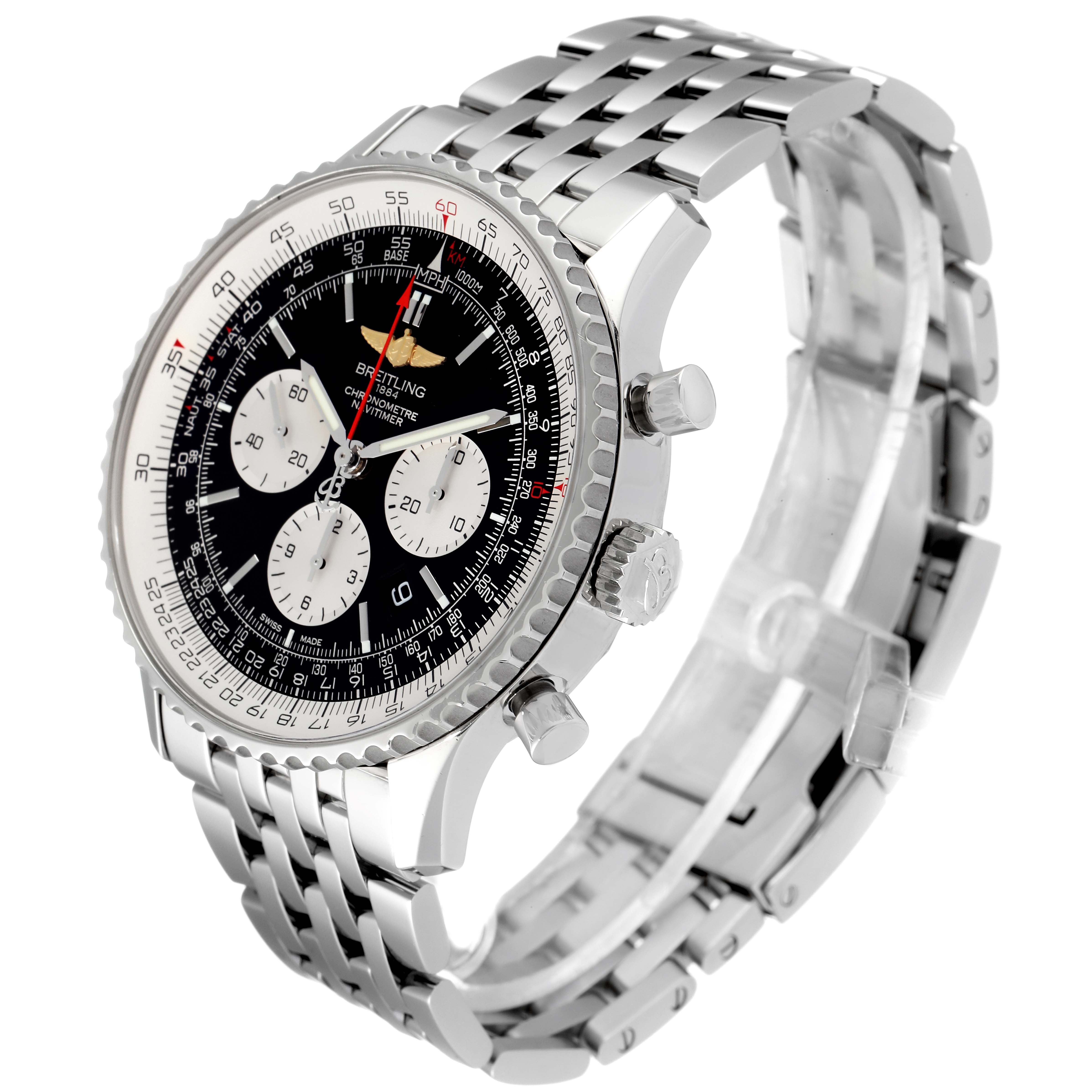 This image shows the front and side view of the Breitling Navitimer AB0127-211-B1A1 Men's Stainless Steel Black Dial AB0127-211-B1A1 Men's Stainless Steel Black Dial watch, focusing on the dial, bezel, and bracelet.