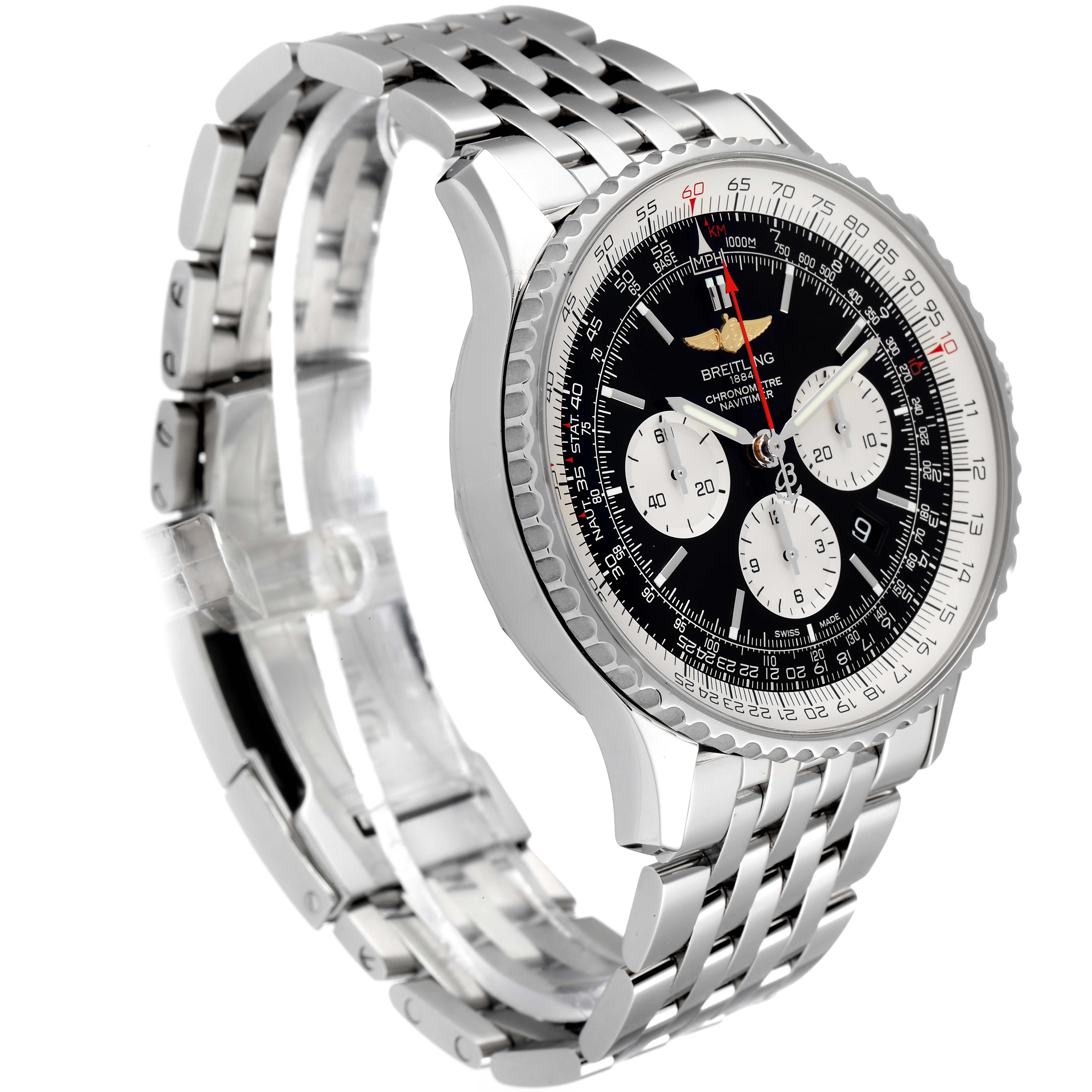 The image shows a side angle of the Breitling Navitimer AB0127-211-B1A1 Men's Stainless Steel Black Dial AB0127-211-B1A1 Men's Stainless Steel Black Dial watch, highlighting its dial, bezel, and metal bracelet.
